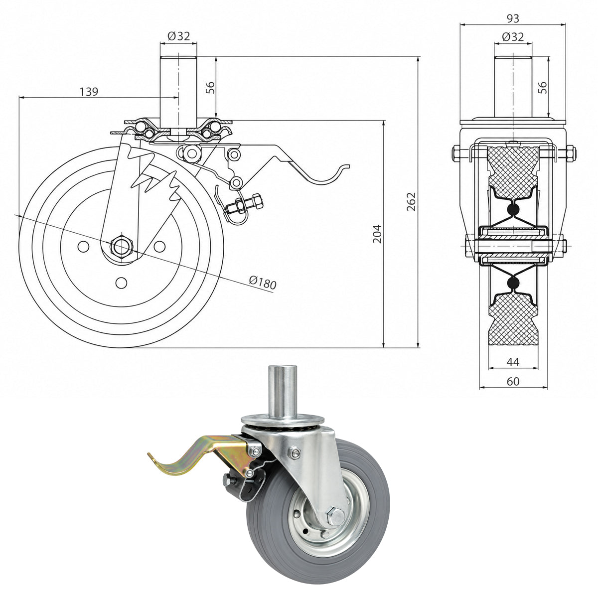 Metall-Gummiräder mit Befestigungsstift und Bremse Lenkrollen  Ø180 mm Code: 56SH*32