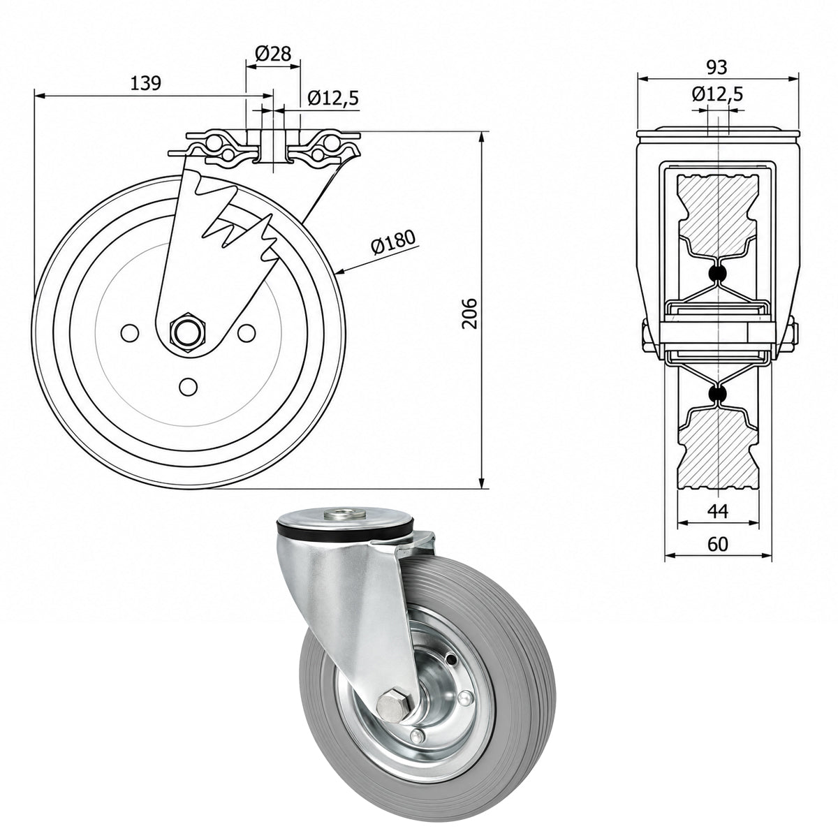 Metall-Gummiräder mit Befestigungsstift mit Zentralbohrung  Ø180 mm Code: 57S