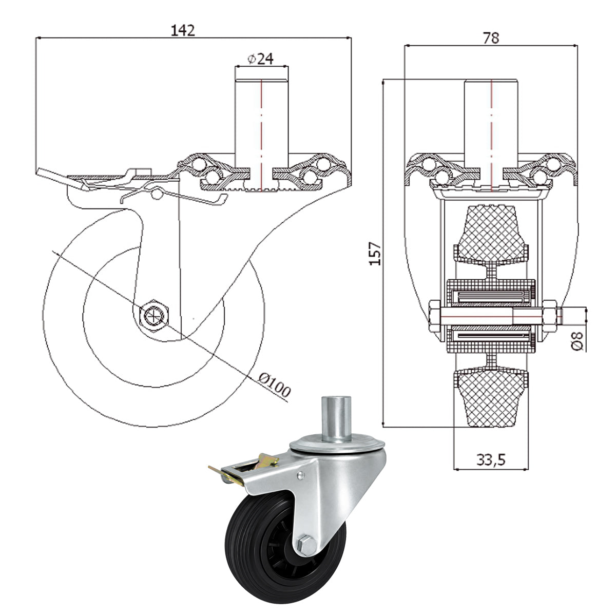 Kunststoff-Gummiräder mit Befestigungsstift und Bremse Lenkrollen  Ø100 mm Code: 16TH*24