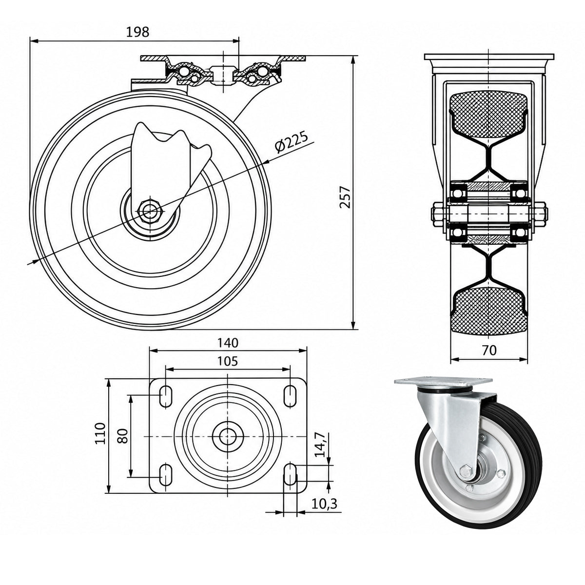 Metall-Gummiräder mit Befestigungsplatte Lenkrolle Ø225 mm mit Platte Code: 82L