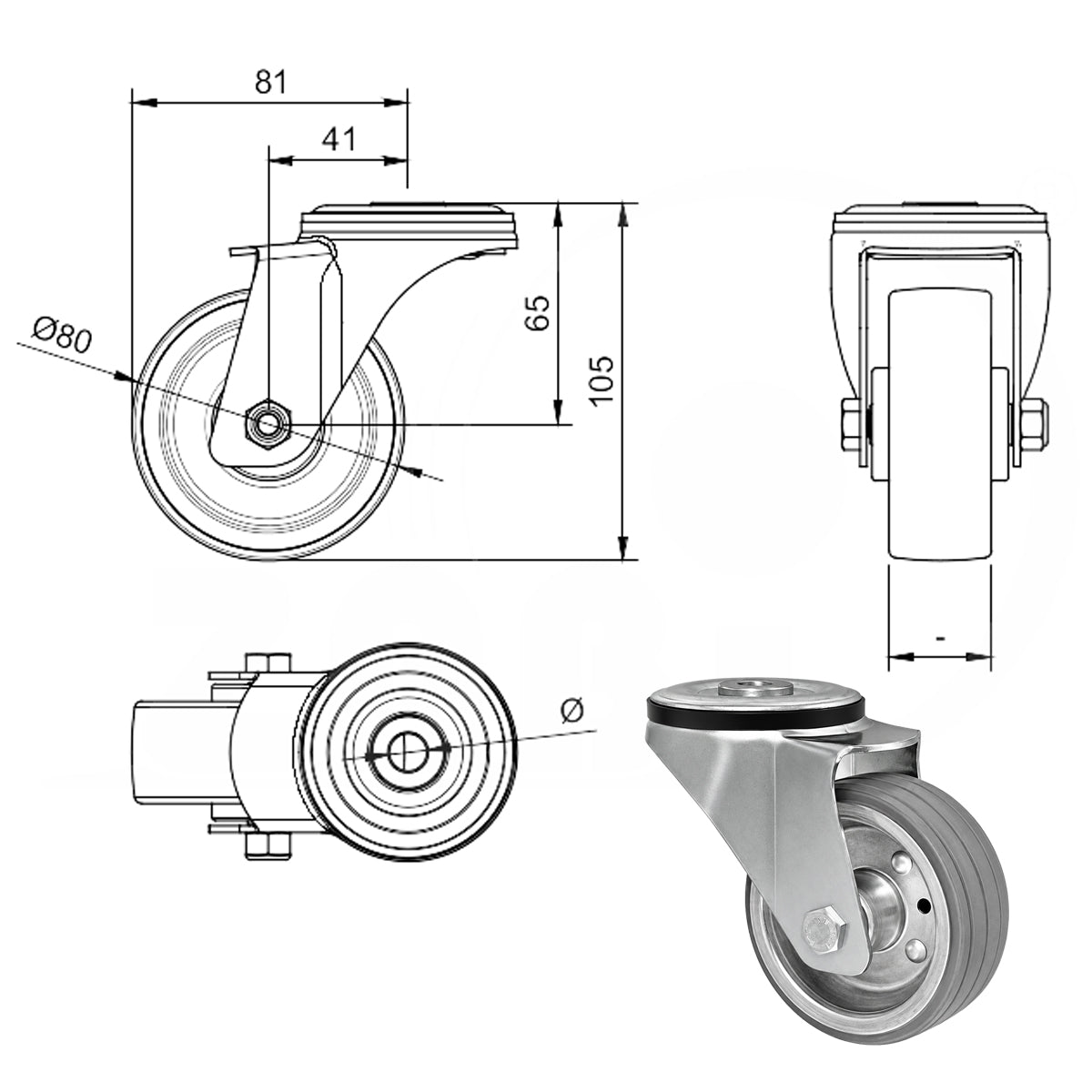 Metall-Gummiräder mit Befestigungsstift mit Zentralbohrung  Ø80 mm Code: 8S/10