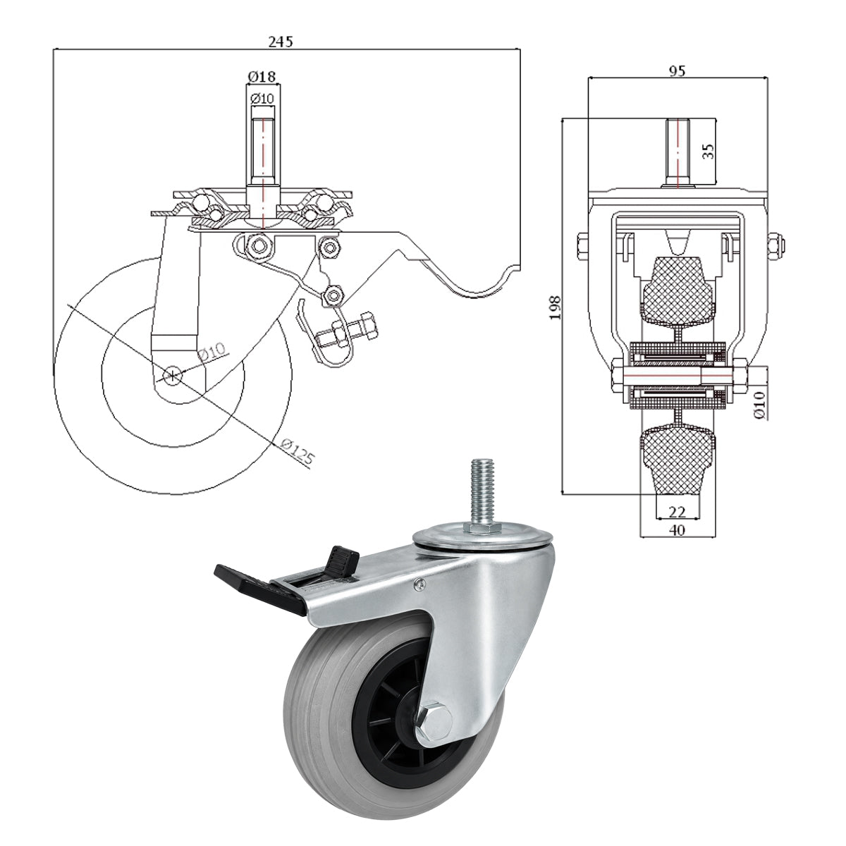 Kunststoff-Gummiräder mit Befestigungsstift und Bremse Lenkrollen  Ø125 mm Code: 26MTSH*M10