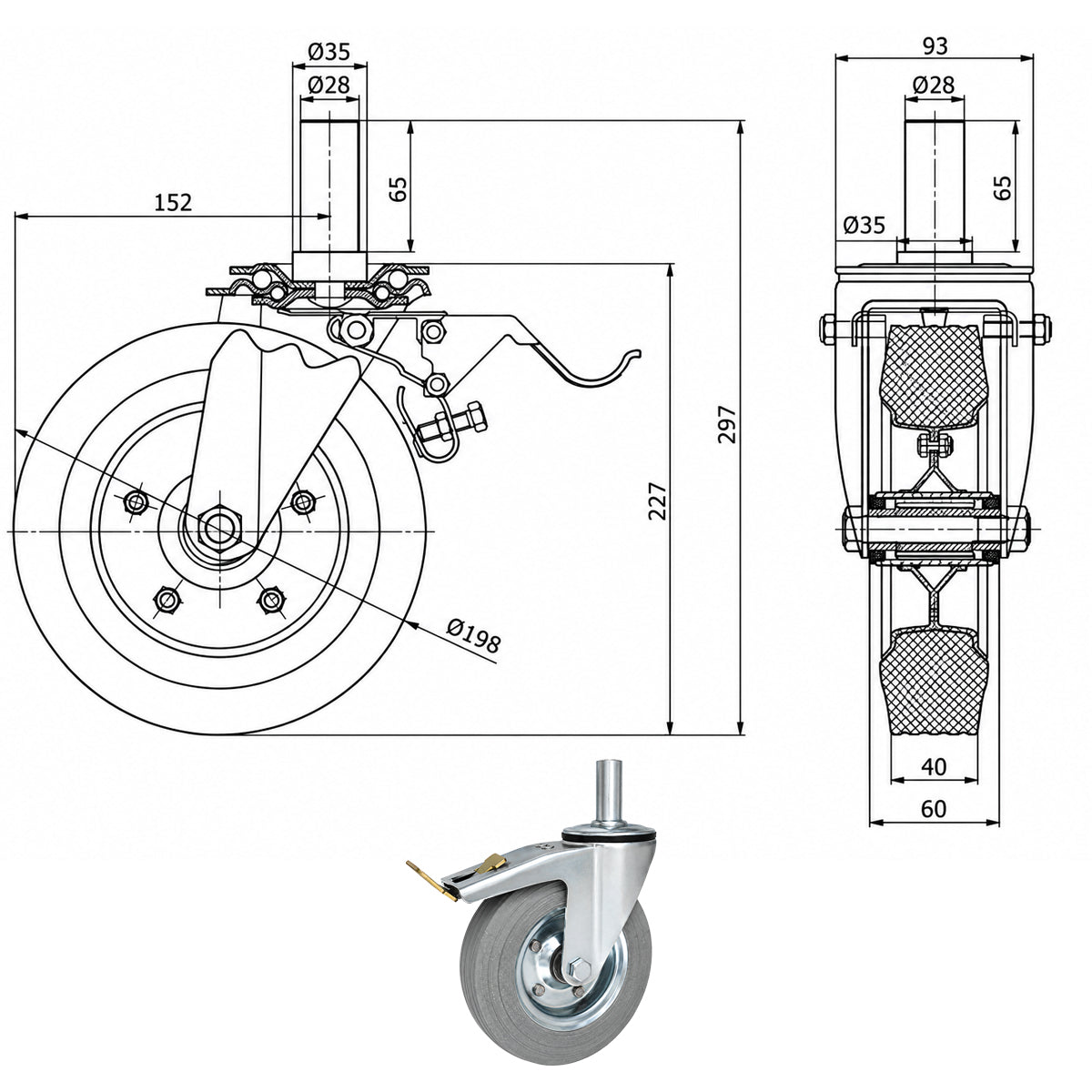 Metall-Gummiräder mit Befestigungsstift und Bremse Lenkrollen  Ø200 mm Code: 66NSH*28