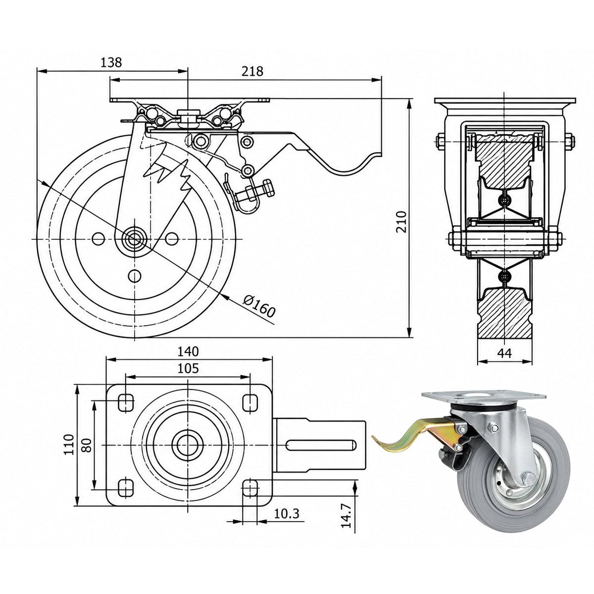 Metall-Gummiräder mit Befestigungsplatte und Bremse Lenkrolle Ø180 mm Code: 55SH