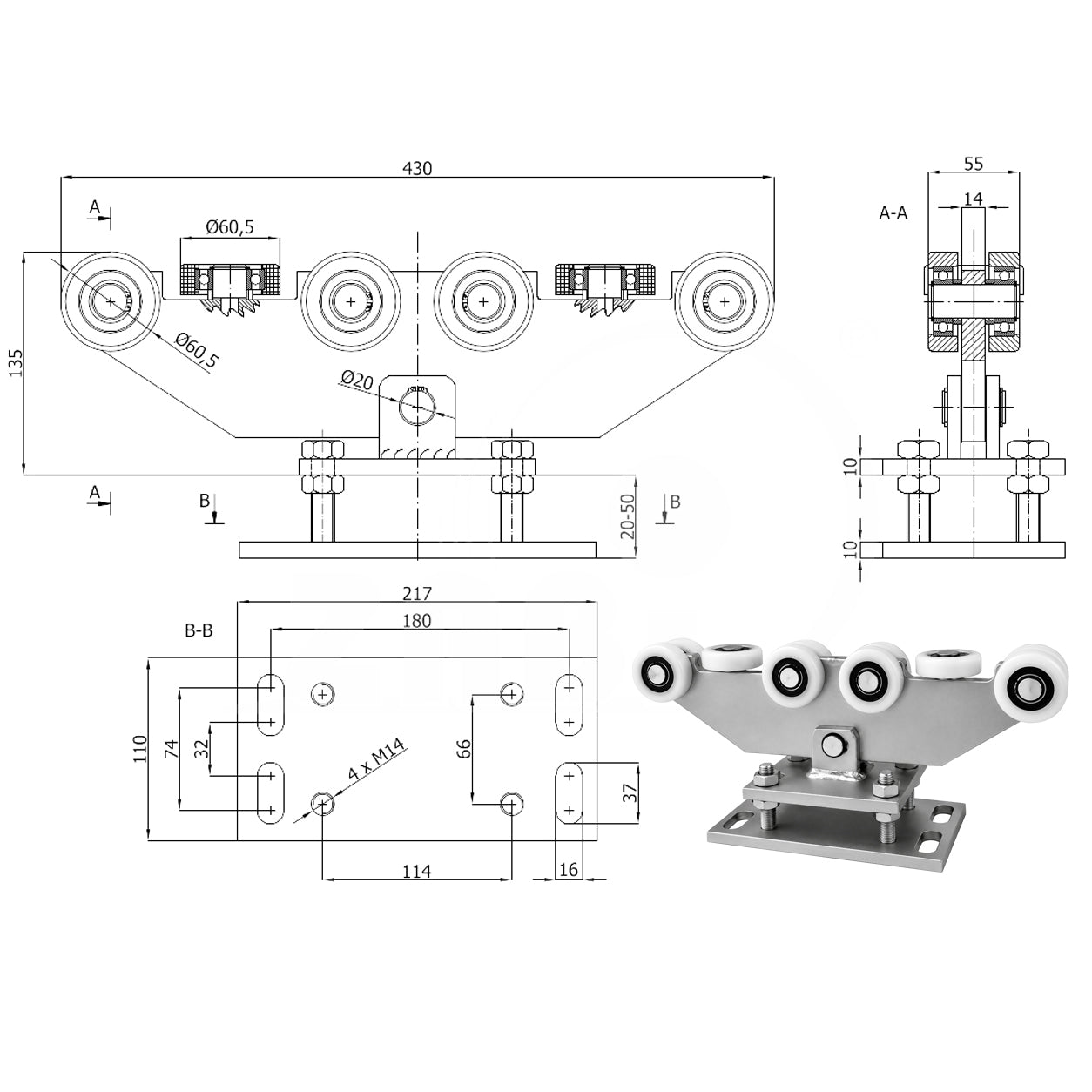 Torwagen für Schiebetore - für Profile 70 x 70 mm - Wandstärke 4 mm: WR-10T-70