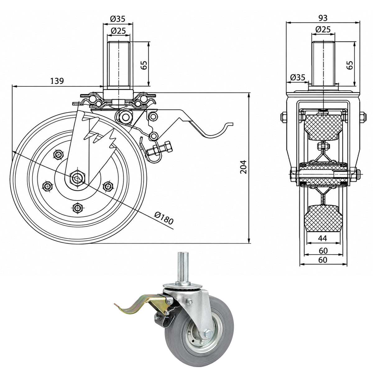 Metall-Gummiräder mit Befestigungsstift und Bremse Lenkrollen  Ø180 mm Code: 56SH*25