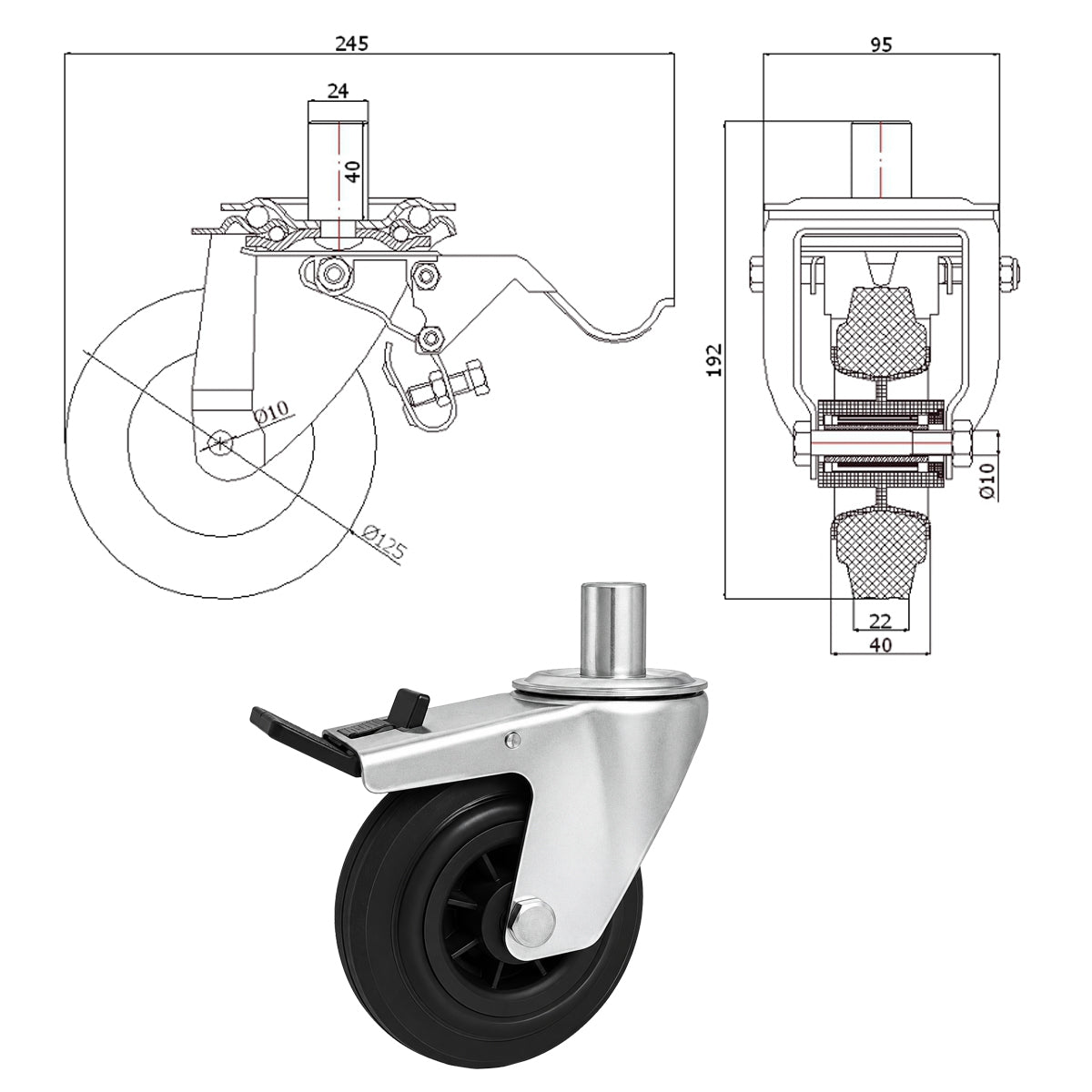 Kunststoff-Gummiräder mit Befestigungsstift und Bremse Lenkrollen  Ø125 mm Code: 26MTH*24
