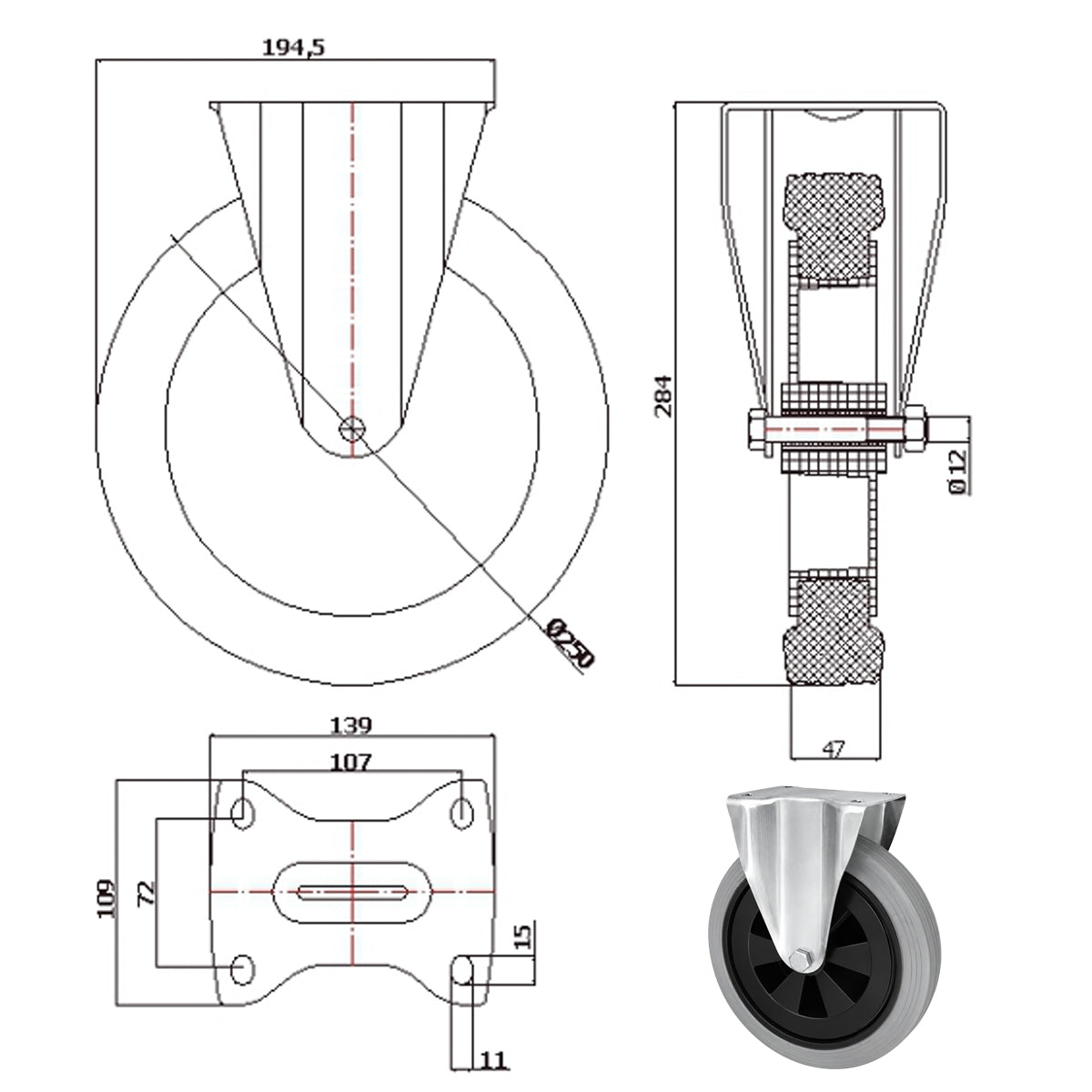 Kunststoff-Gummiräder in Bockrollengehäusen Lenkrolle Ø250 mm mit Platte Code: 93TS