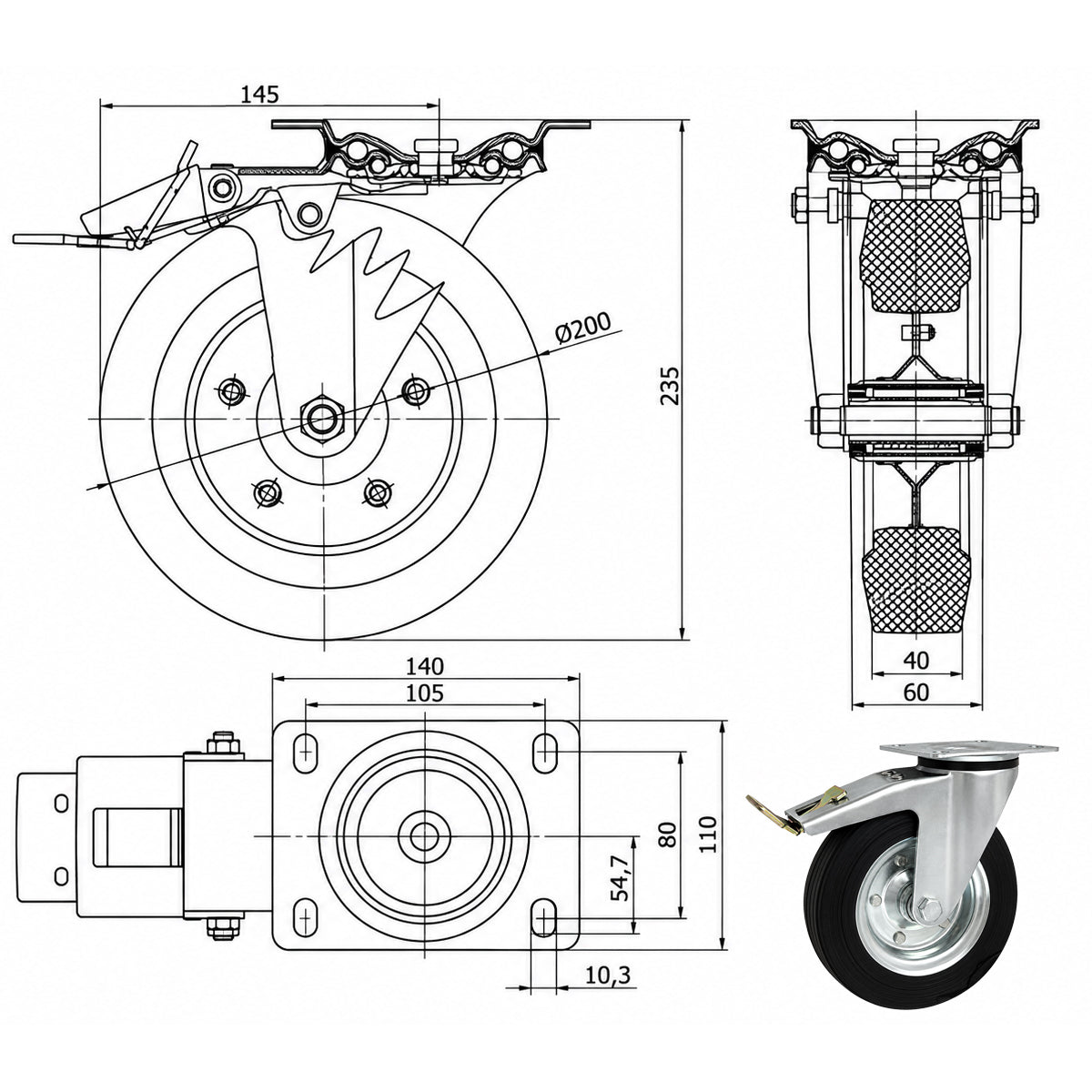 Metall-Gummiräder mit Befestigungsplatte und Bremse Lenkrolle Ø200 mm Code: 65NWH