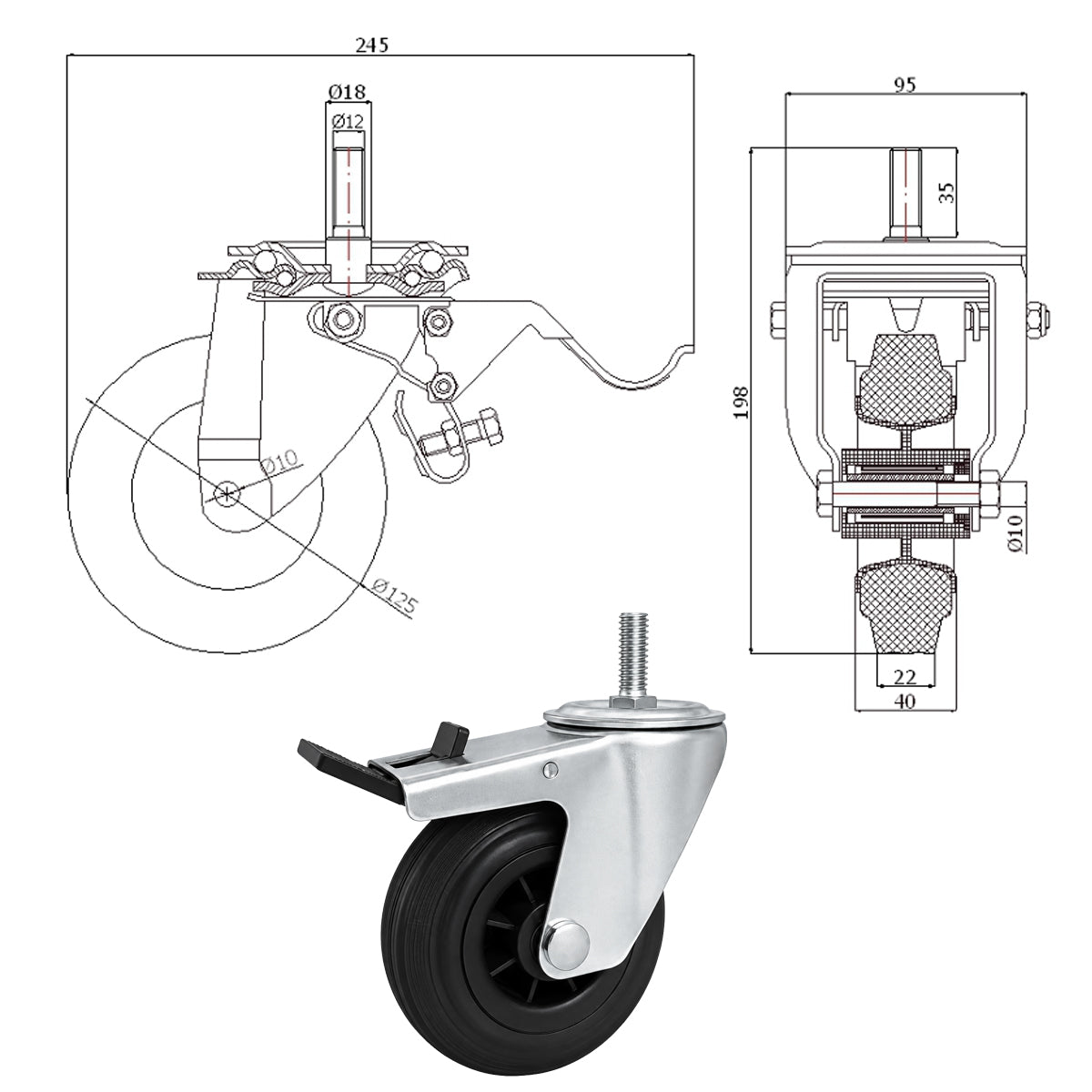 Kunststoff-Gummiräder mit Befestigungsstift und Bremse Lenkrollen  Ø125 mm Code: 26MTH*M12