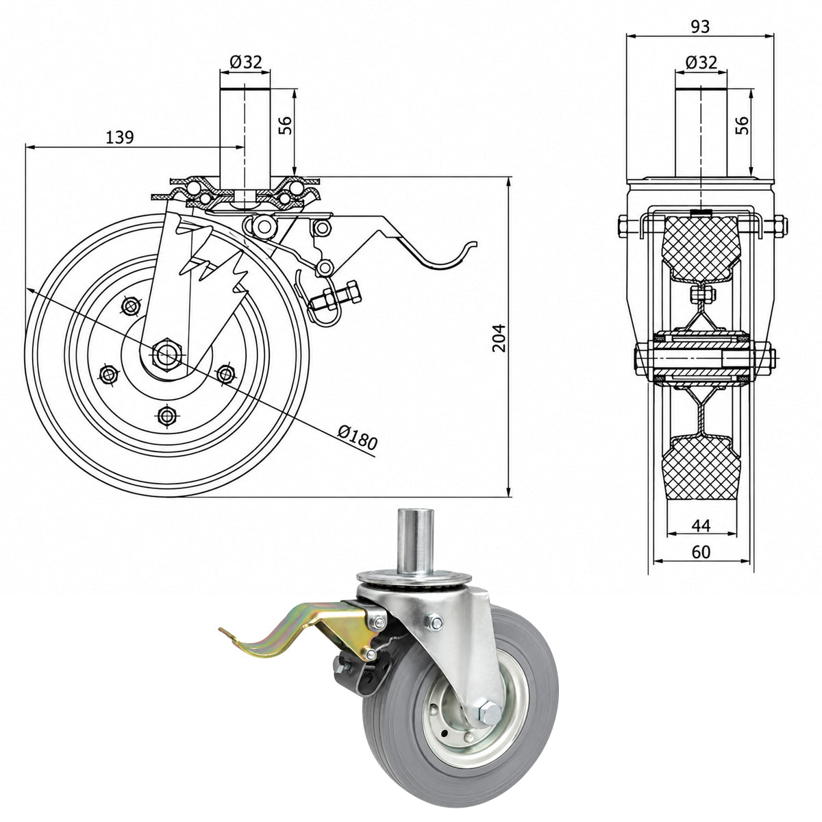 Metall-Gummiräder mit Befestigungsstift und Bremse Lenkrollen  Ø180 mm Code: 56NSH*32