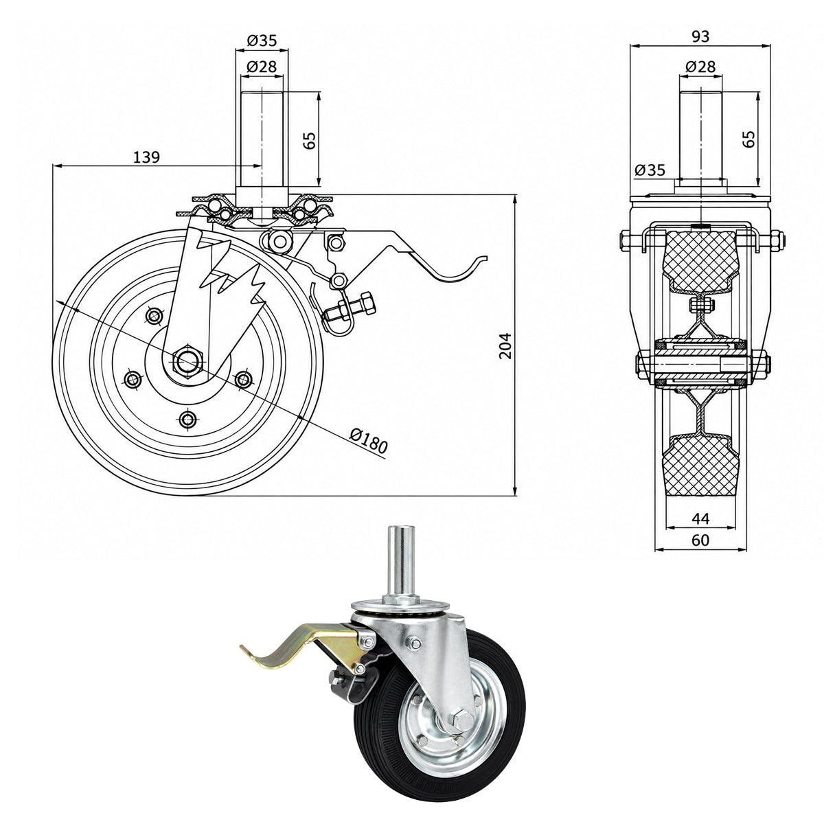 Metall-Gummiräder mit Befestigungsstift und Bremse Lenkrollen  Ø180 mm Code: 56NH*28