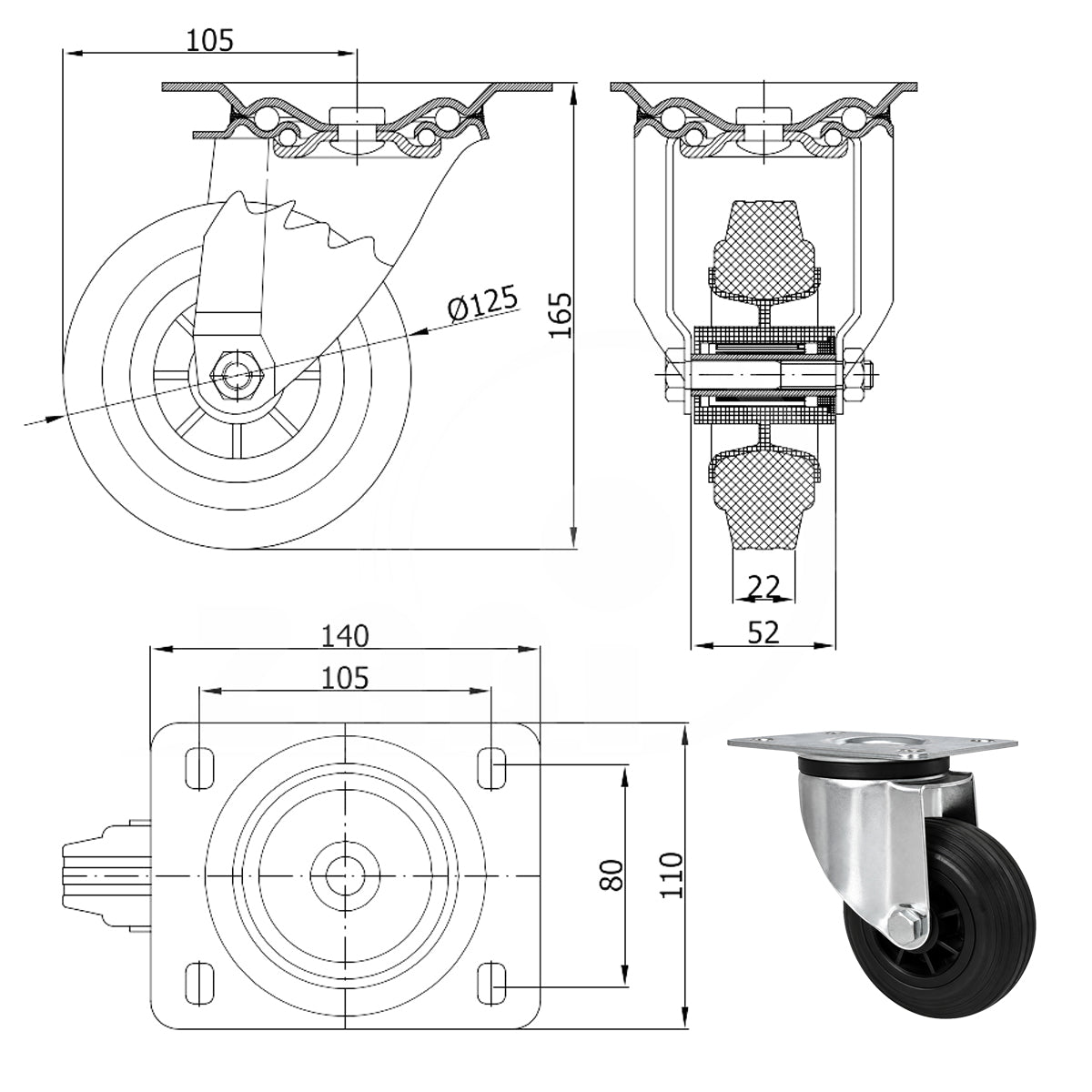 Kunststoff-Gummirrad mit Anschraubplatte Lenkrolle Ø125 mm mit Platte Code: 22T
