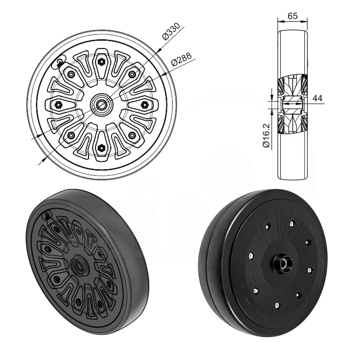 Vollgummi Rad Ø 330 mm mit Polypropylen-Felge Industrie Gummirad Code: 330PPG/65