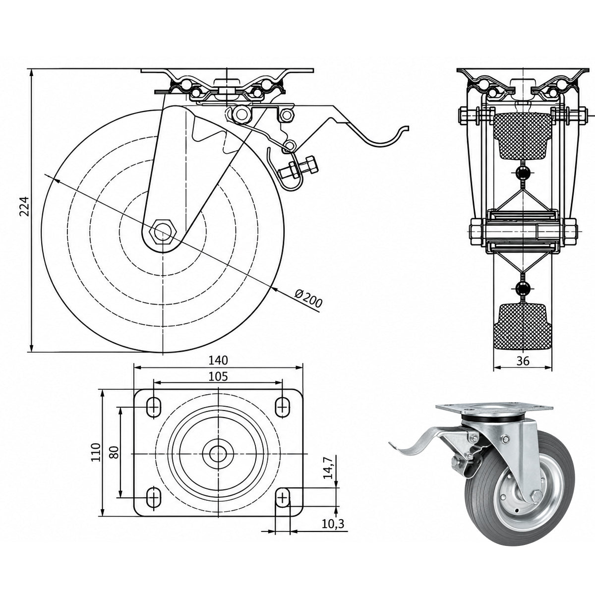 Metall-Gummiräder mit Befestigungsplatte und Bremse Lenkrolle Ø200 mm Code: 65SH