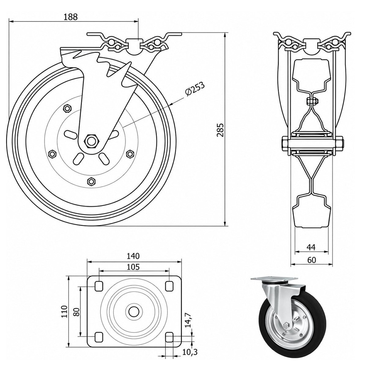 Metall-Gummiräder mit Befestigungsplatte Lenkrolle Ø250 mm mit Platte Code: 92