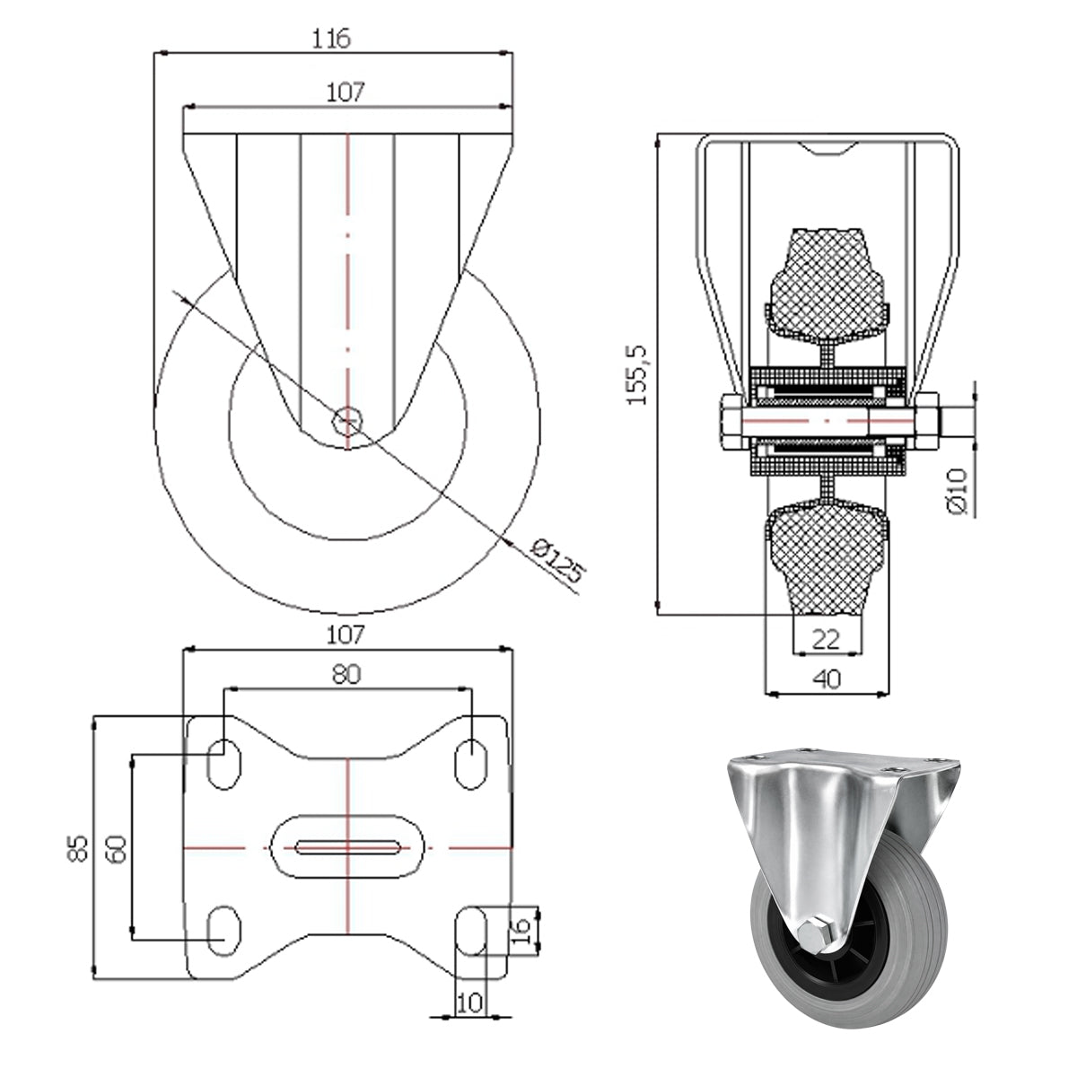 Kunststoff-Gummiräder in Bockrollengehäusen Lenkrolle Ø125 mm mit Platte Code: 23MTS9