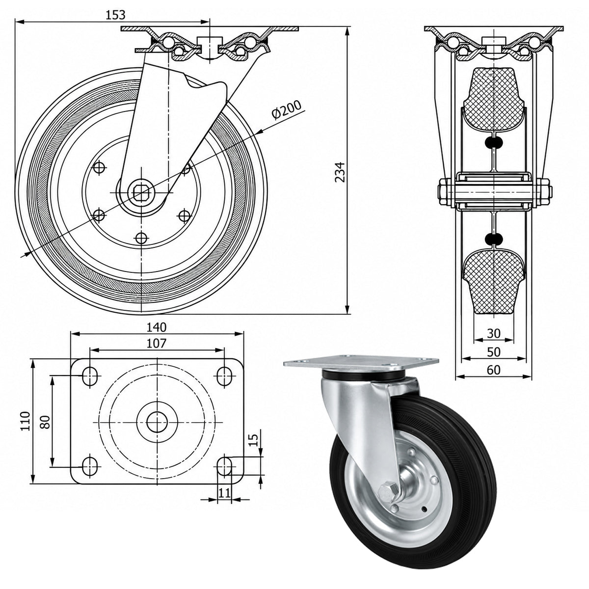 Metall-Gummiräder mit Befestigungsplatte Lenkrolle Ø200 mm mit Platte Code: 62
