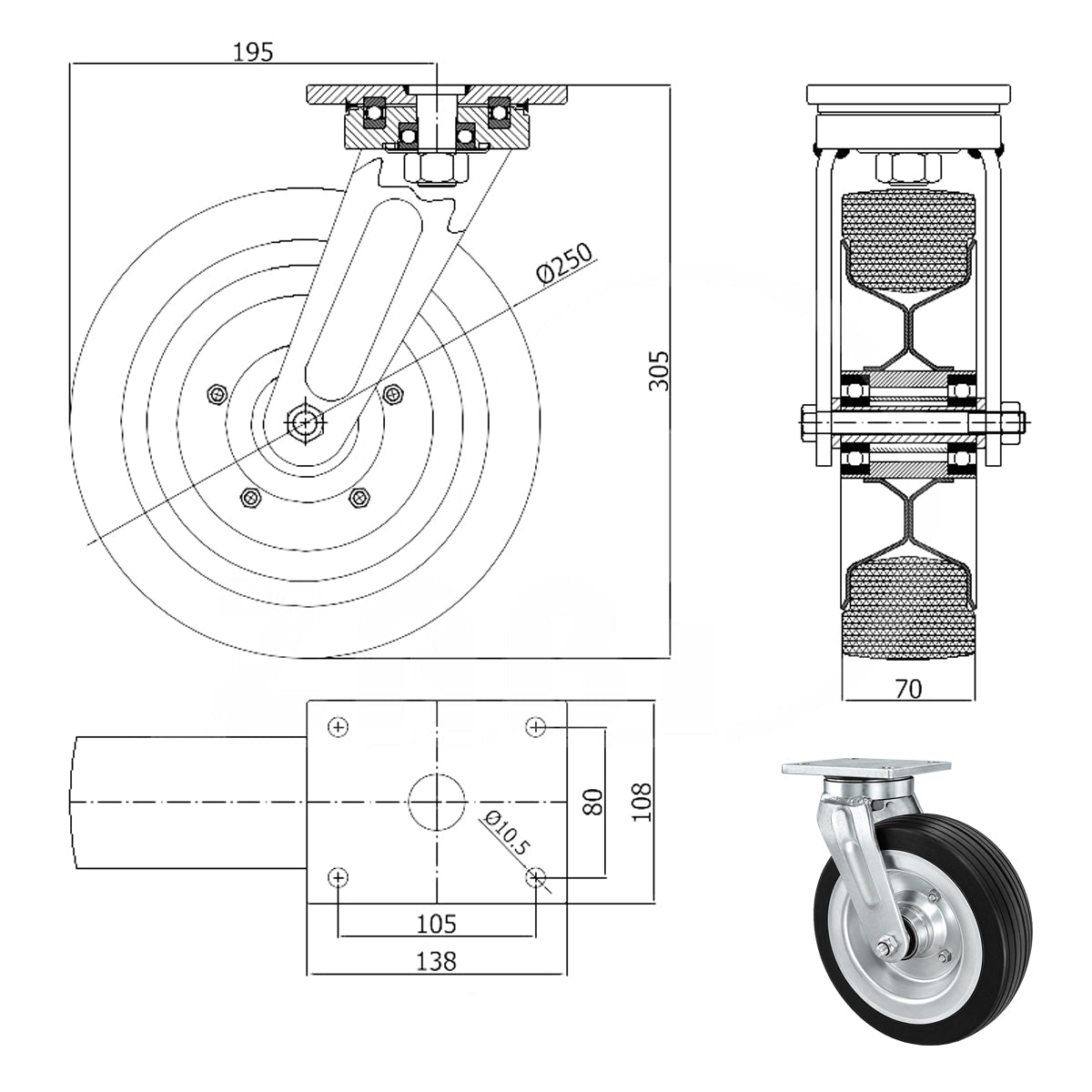Metall-Gummiräder mit Befestigungsplatte Lenkrolle Ø250 mm mit Platte Code: 92NNLD