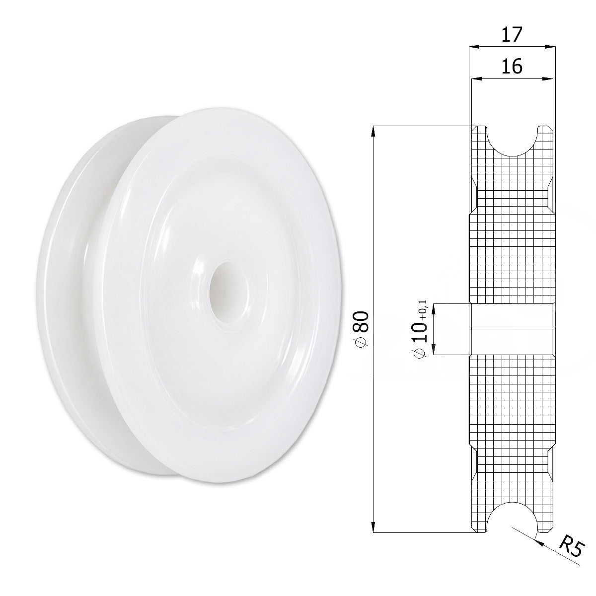 Seilrolle mit Gleitlager Ø80mm Polyamid Kunststoffrolle für Seil Ø10 mm C80/10