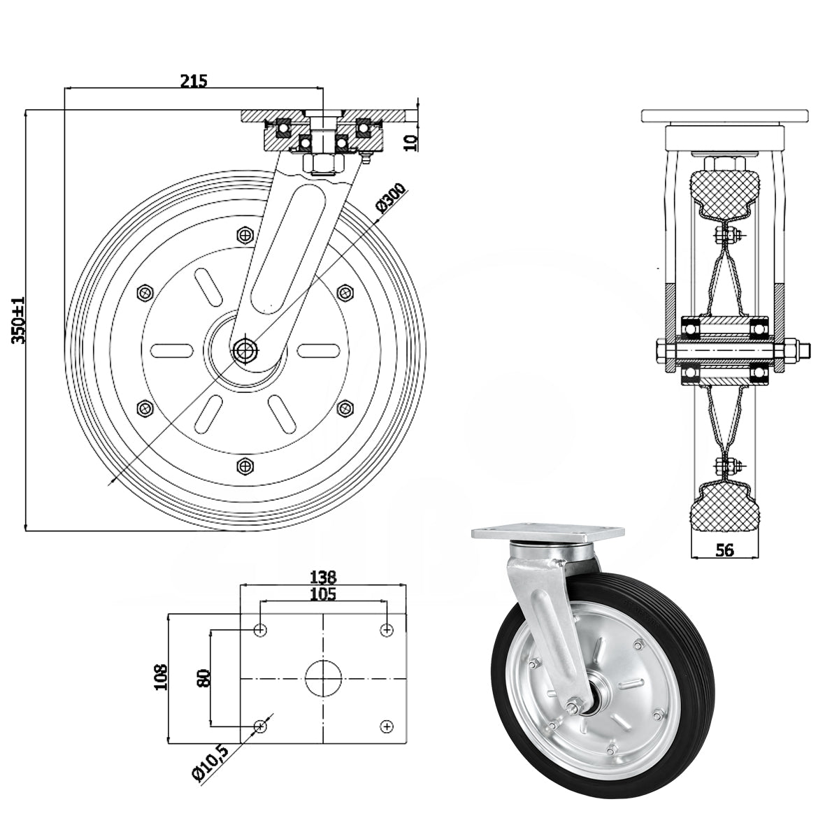 Metall-Gummiräder mit Befestigungsplatte Lenkrolle Ø300 mm mit Platte Code: 1002MLD