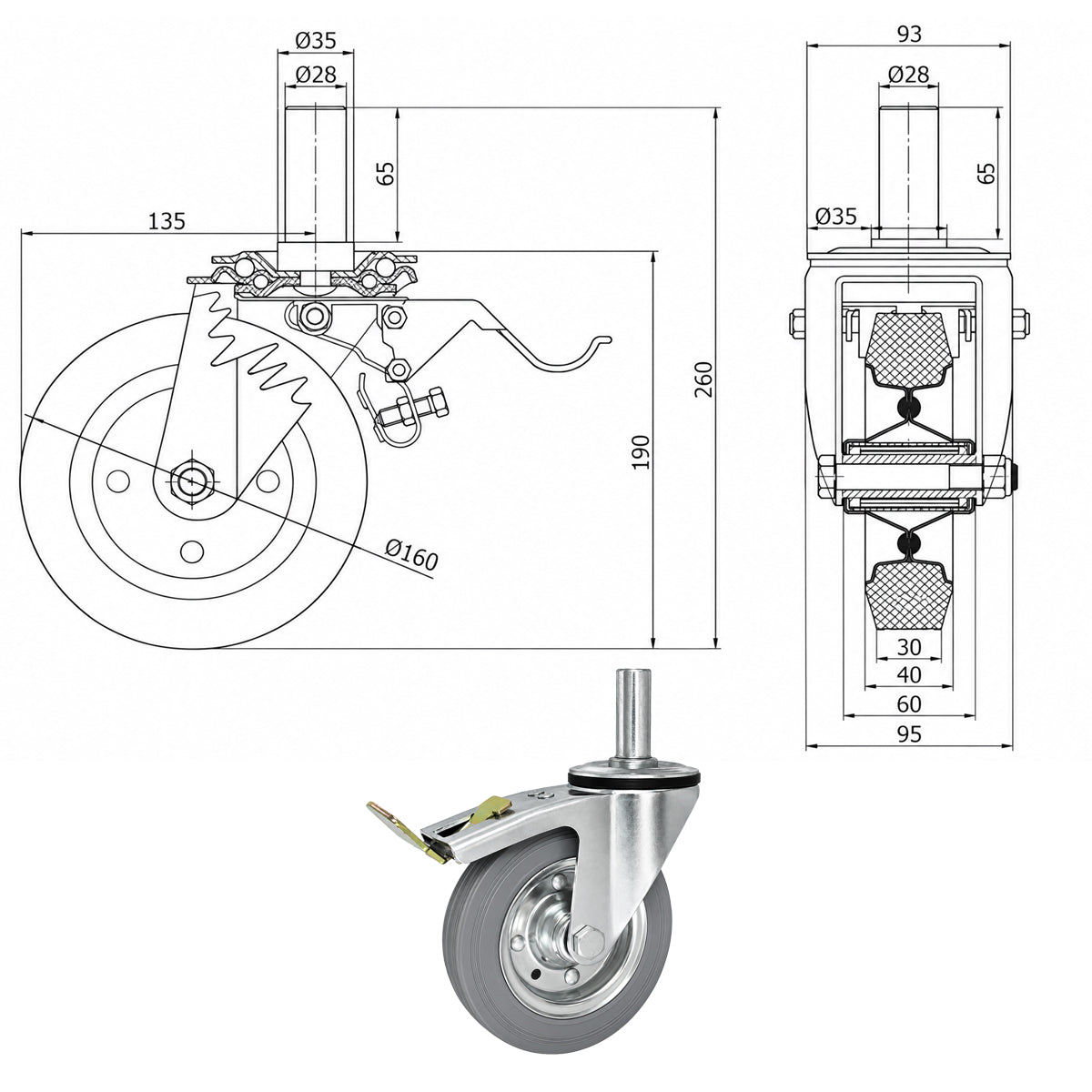 Metall-Gummiräder mit Befestigungsstift und Bremse Lenkrollen  Ø160 mm Code: 46SH*28