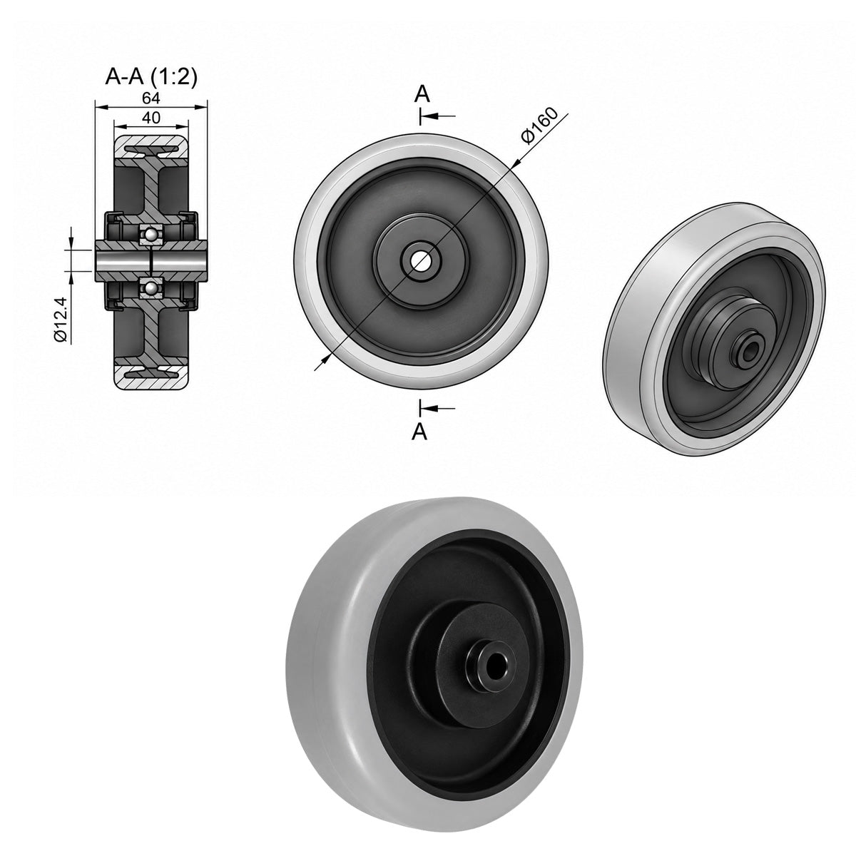 Polypropylen-Polyurethan-Rad für Transportwagen und Industrieanwendungen Ø160 mm Code: 40PPUŁX-64