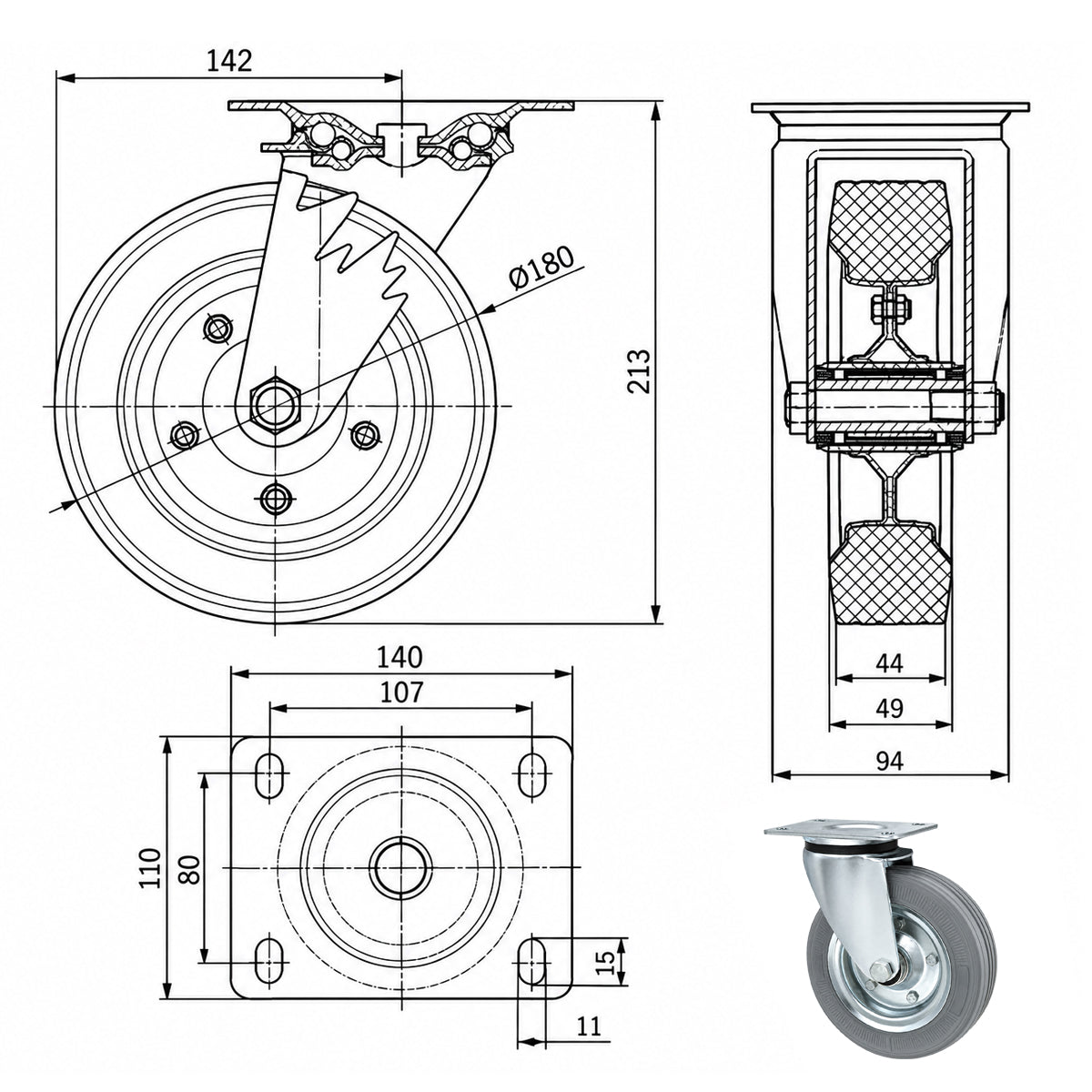 Metall-Gummiräder mit Befestigungsplatte Lenkrolle Ø180 mm mit Platte Code: 52NS