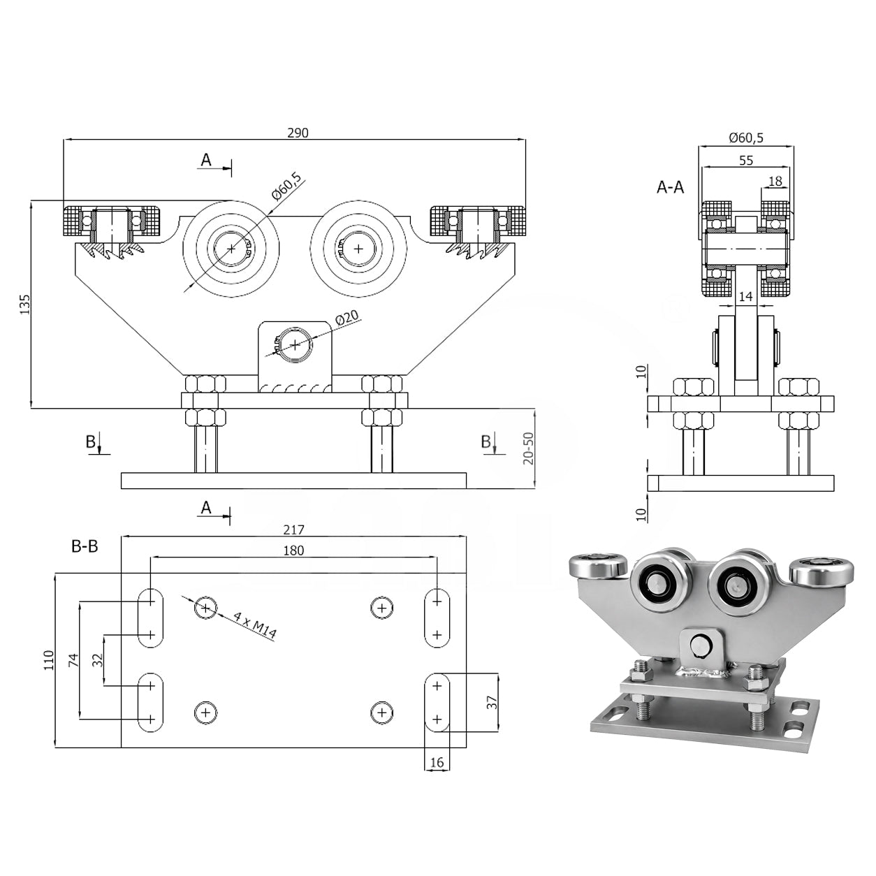 Torwagen für Schiebetore - für Profile 70 x 70 mm - Wandstärke 4 mm: WR-6MM-70