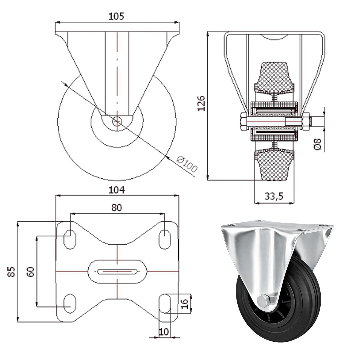 Kunststoff-Gummiräder in Bockrollengehäusen Lenkrolle Ø100 mm mit Platte Code: 13T9
