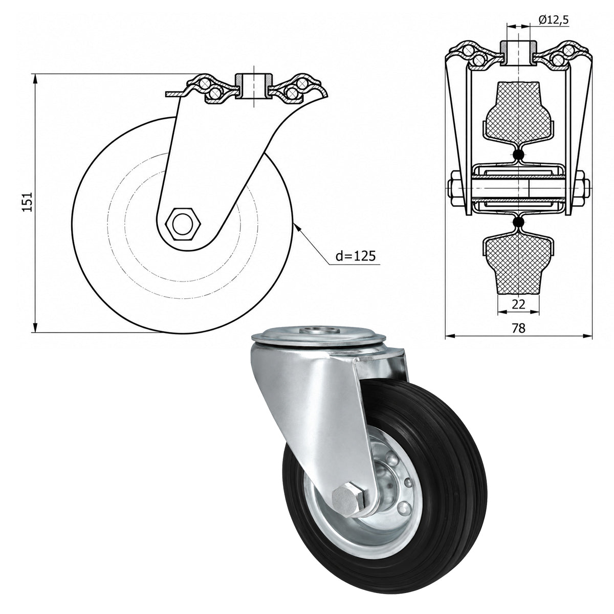 Metall-Gummiräder mit Befestigungsstift mit Zentralbohrung  Ø125 mm Code: 27M