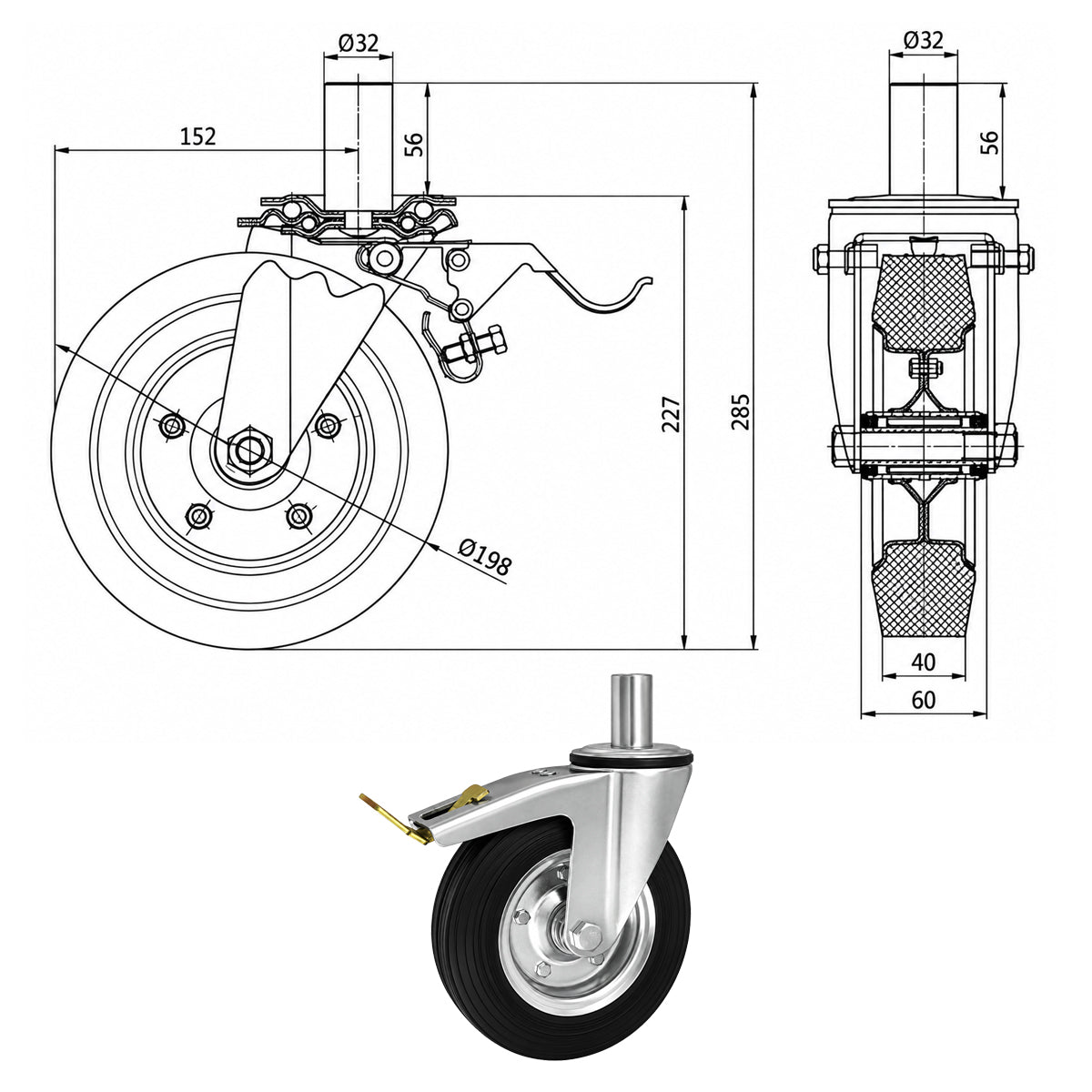 Metall-Gummiräder mit Befestigungsstift und Bremse Lenkrollen  Ø200 mm Code: 66NH*32