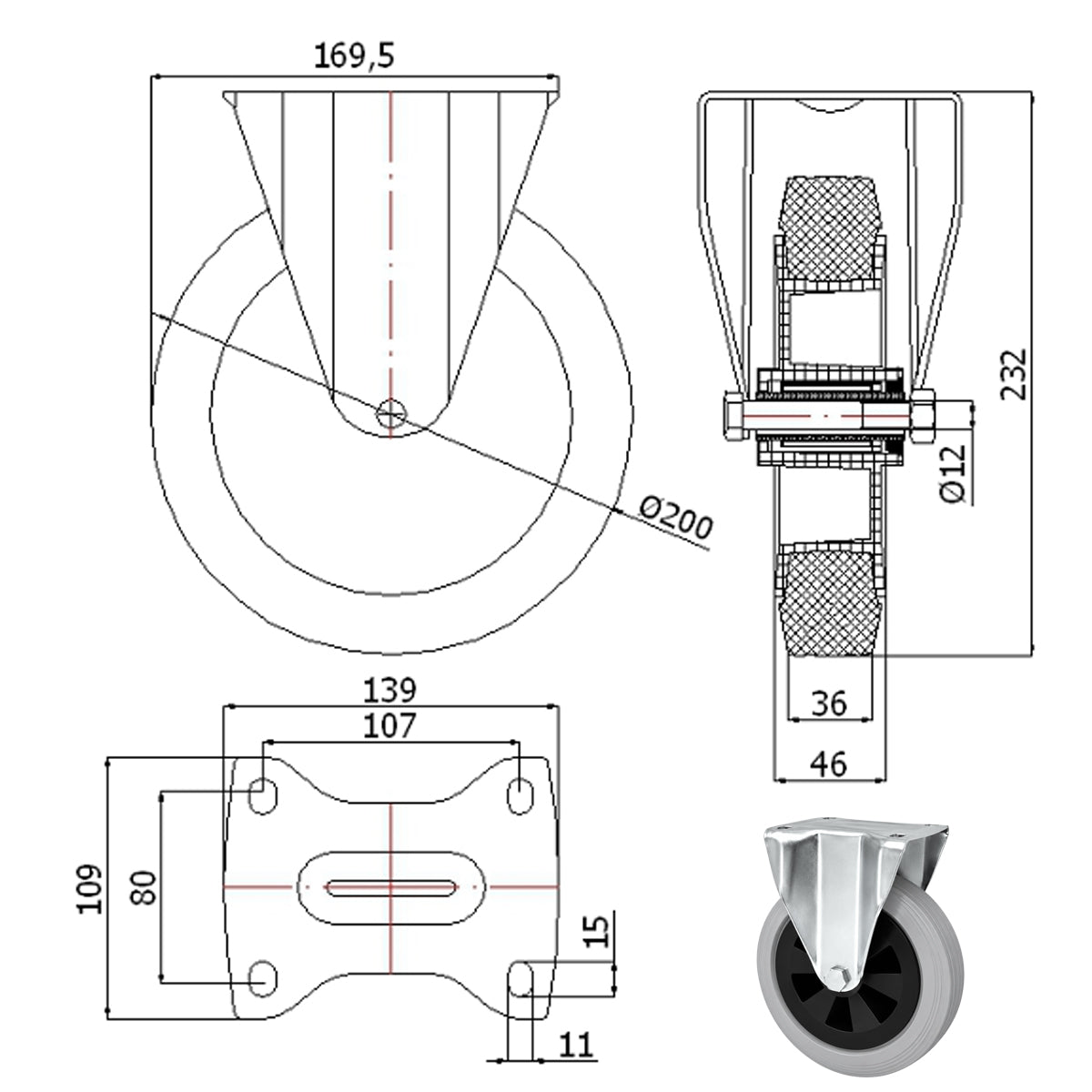 Kunststoff-Gummiräder in Bockrollengehäusen Lenkrolle Ø200 mm mit Platte Code: 63TS
