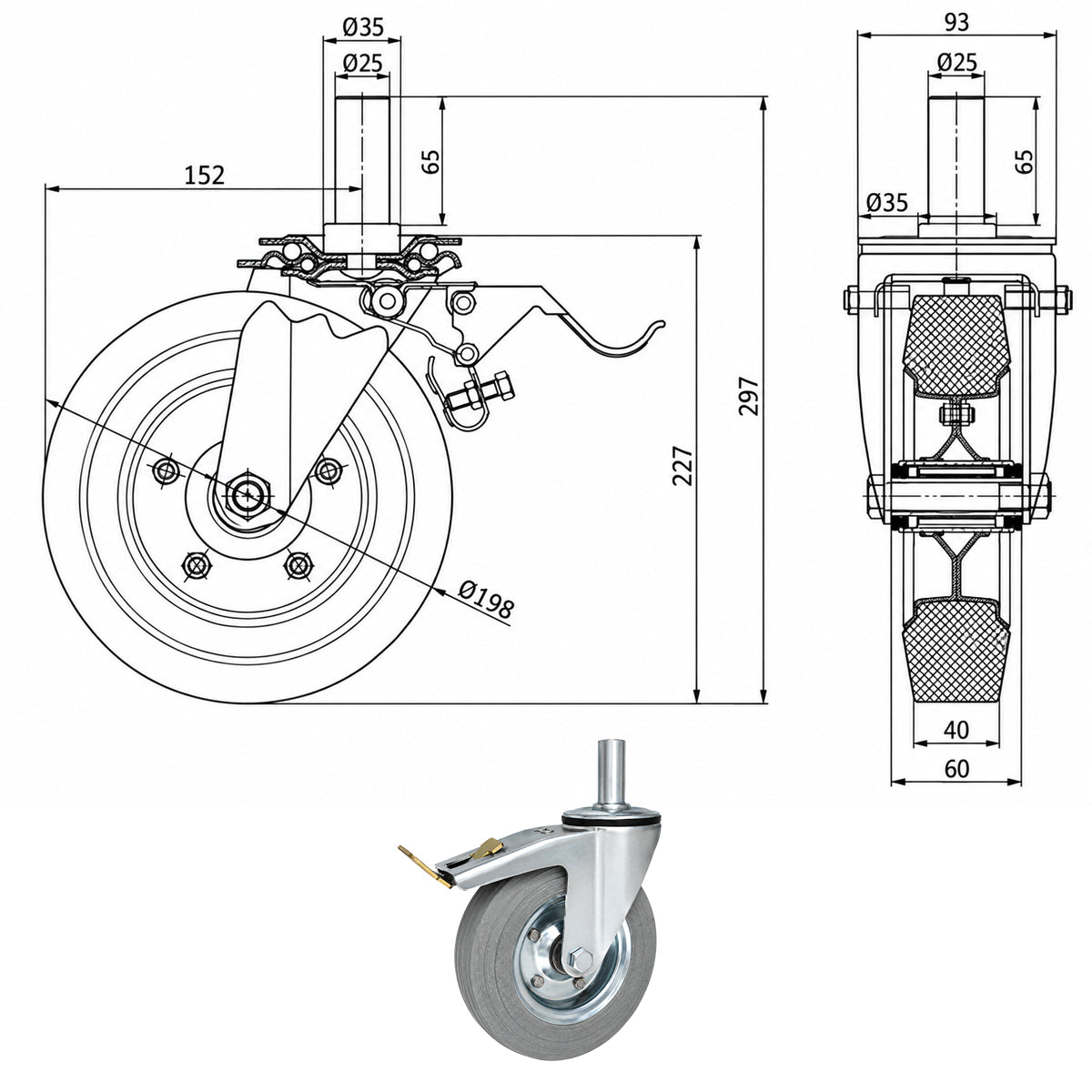 Metall-Gummiräder mit Befestigungsstift und Bremse Lenkrollen  Ø200 mm Code: 66NSH*25