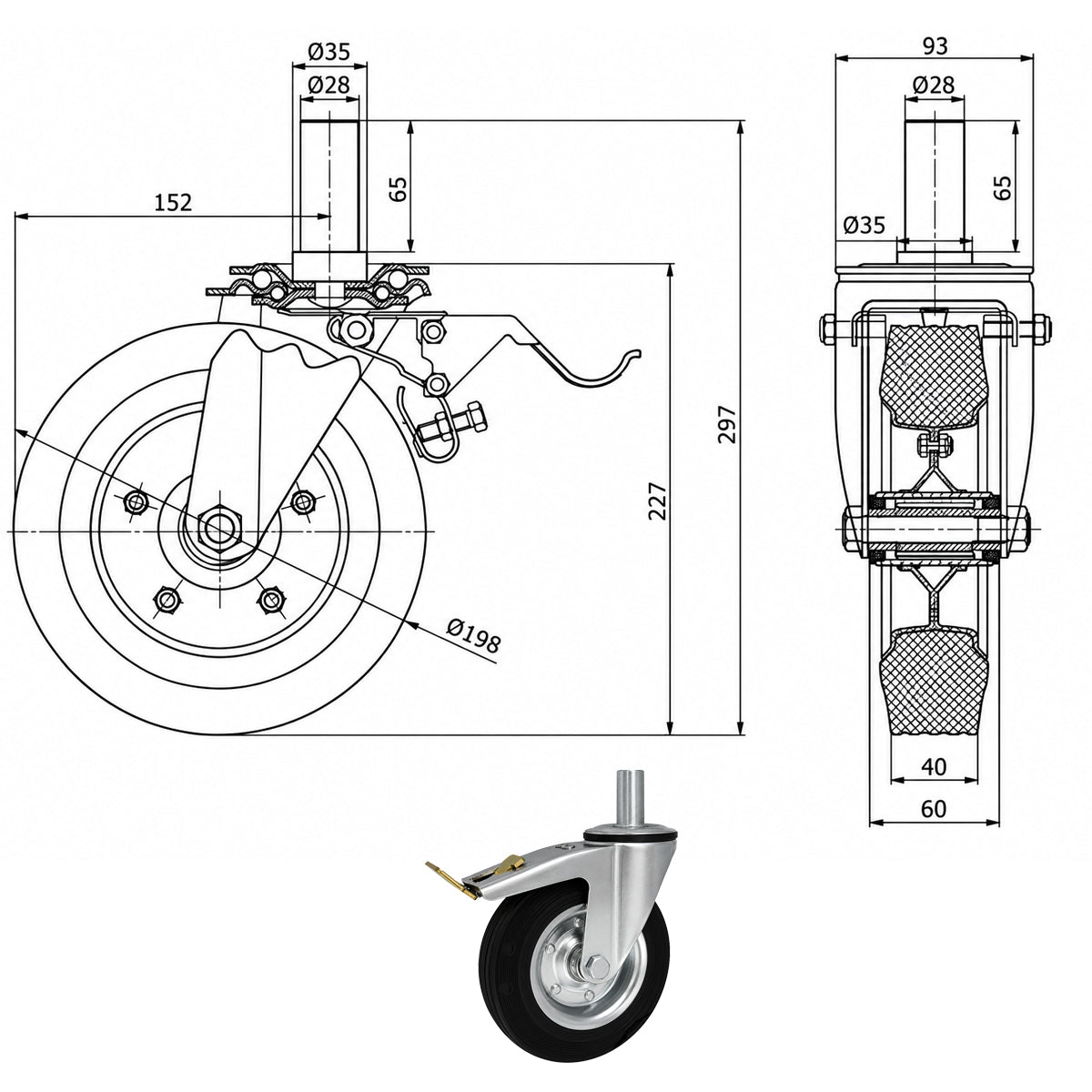 Metall-Gummiräder mit Befestigungsstift und Bremse Lenkrollen  Ø200 mm Code: 66NH*28