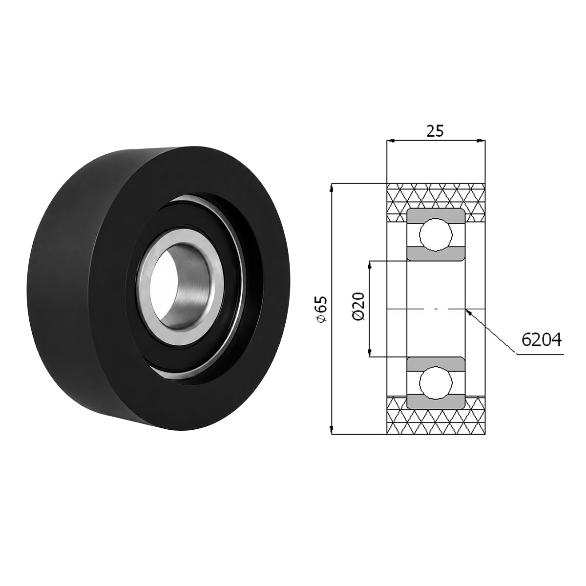 Polyamid Rolle Ø 65mm mit Kugellager Kunststoffrolle Industrierollen RP-65-25/20