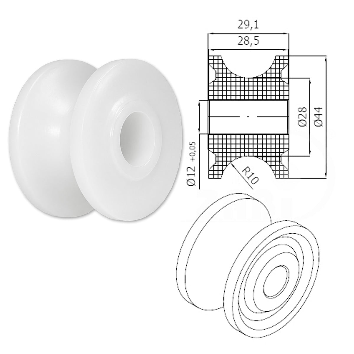 Seilrolle mit Gleitlager Ø 44 mm Polyamid Kunststoffrolle für Seil Ø20 mm C44/20