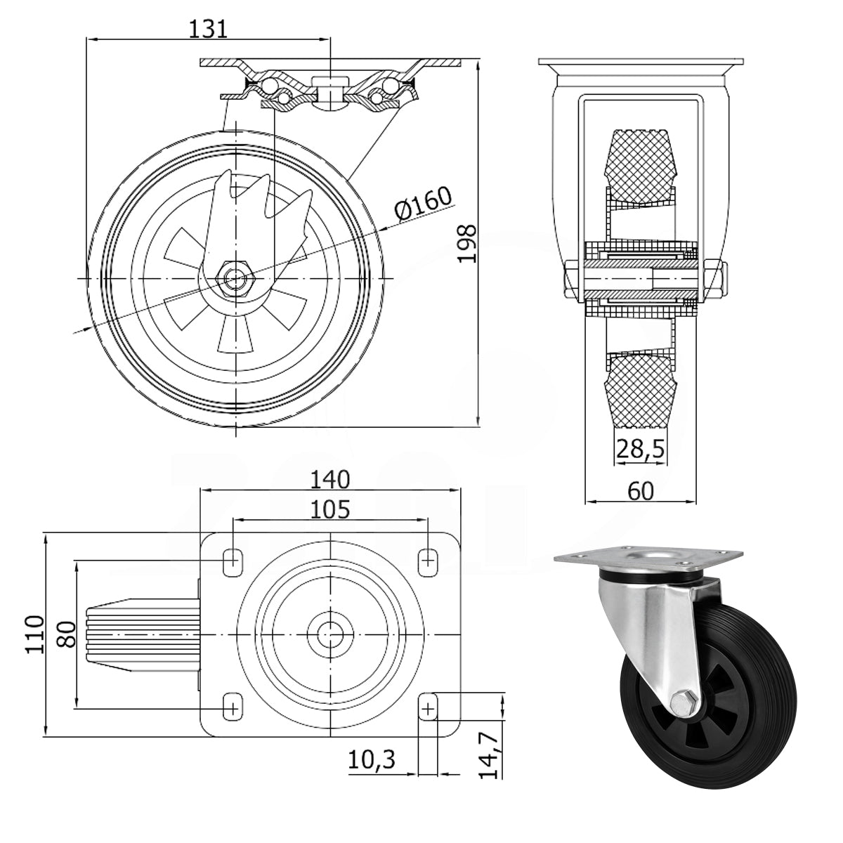 Kunststoff-Gummirrad mit Anschraubplatte Lenkrolle Ø160 mm mit Platte Code: 42T