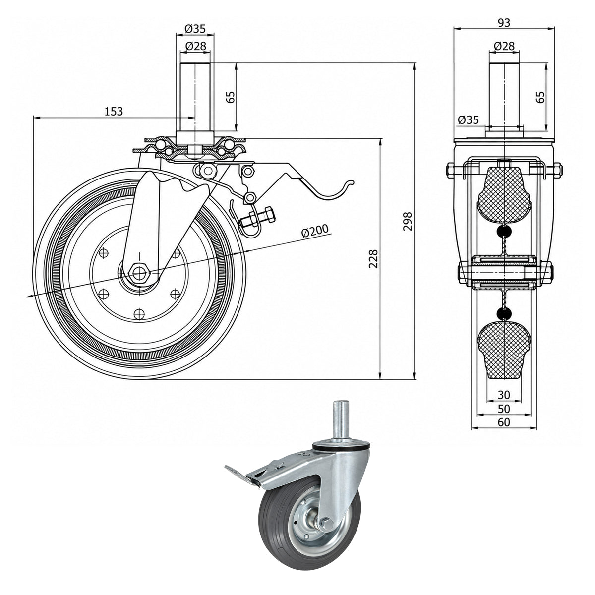 Metall-Gummiräder mit Befestigungsstift und Bremse Lenkrollen  Ø200 mm Code: 66SH*28