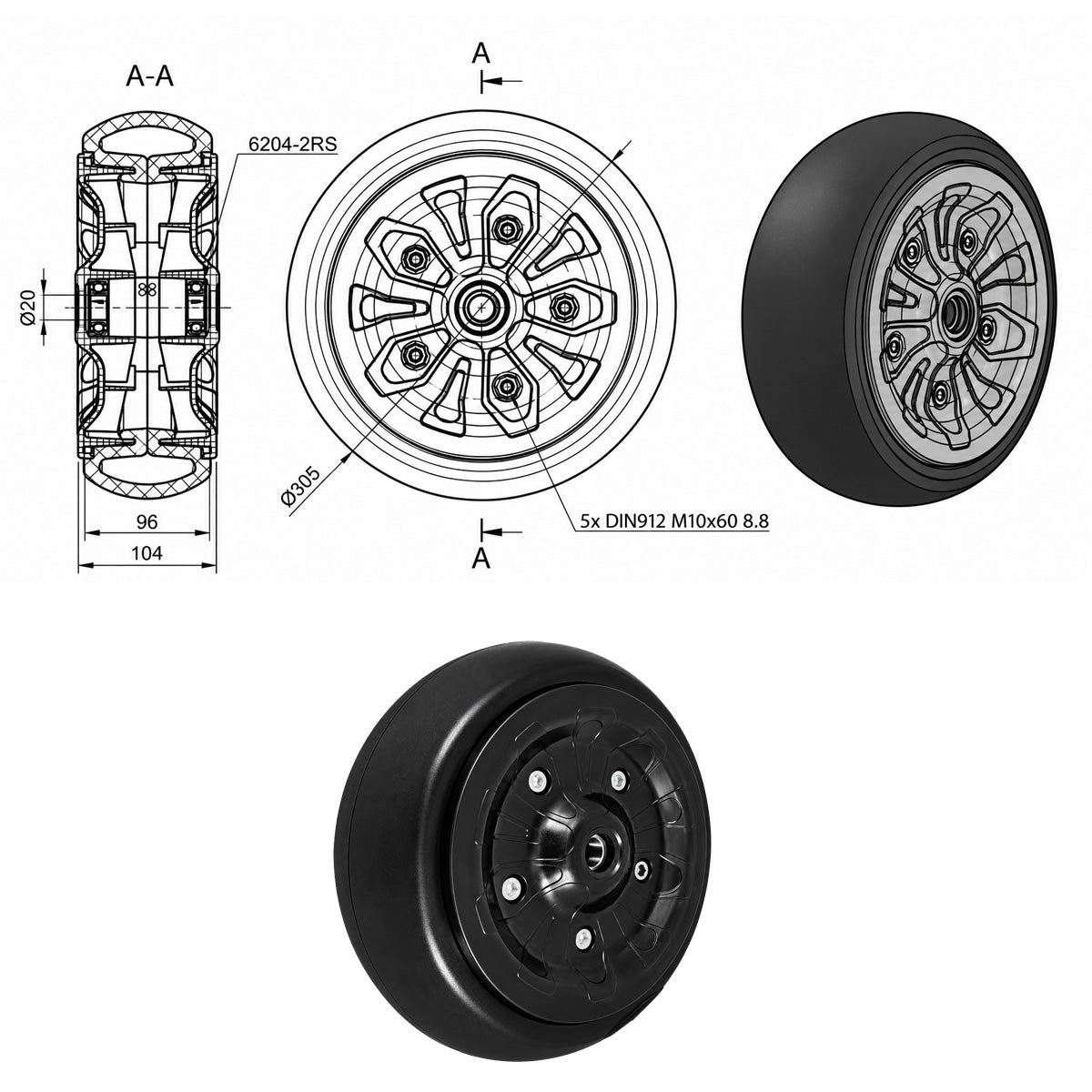 Vollgummi Rad Ø 300 mm mit Polypropylen-Felge Industrie Gummirad Code: 300PPG