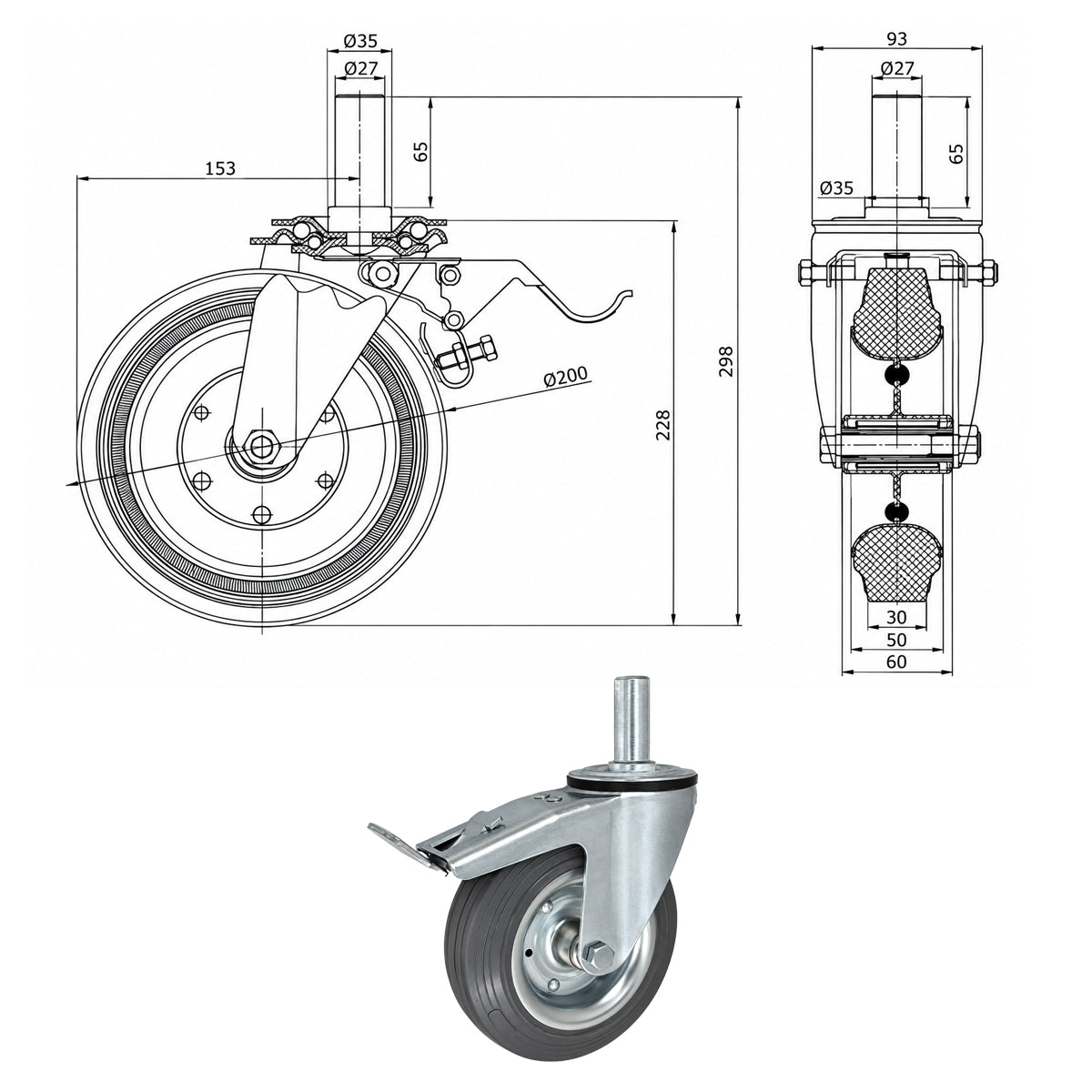 Metall-Gummiräder mit Befestigungsstift und Bremse Lenkrollen  Ø200 mm Code: 66SH*27