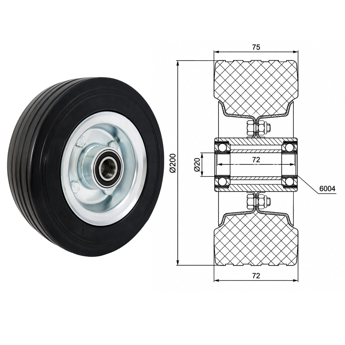 Ersatzrad Ø200 mm – Vollgummi Industrierad mit Kugellager für Transportwagen, Code: 60NNLL