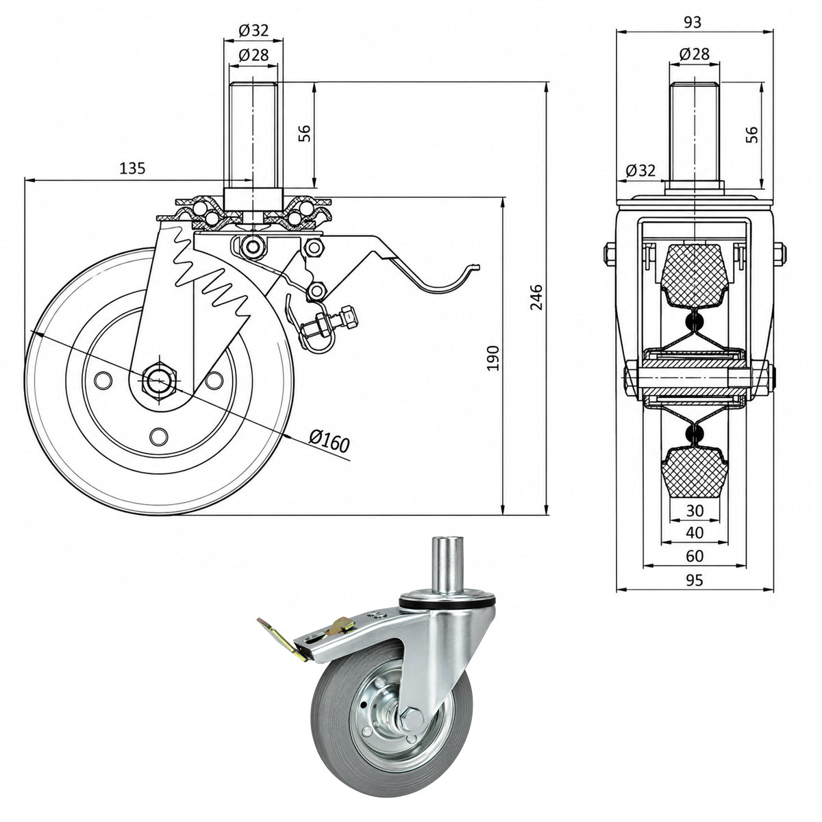 Metall-Gummiräder mit Befestigungsstift und Bremse Lenkrollen  Ø160 mm Code: 46SH*32