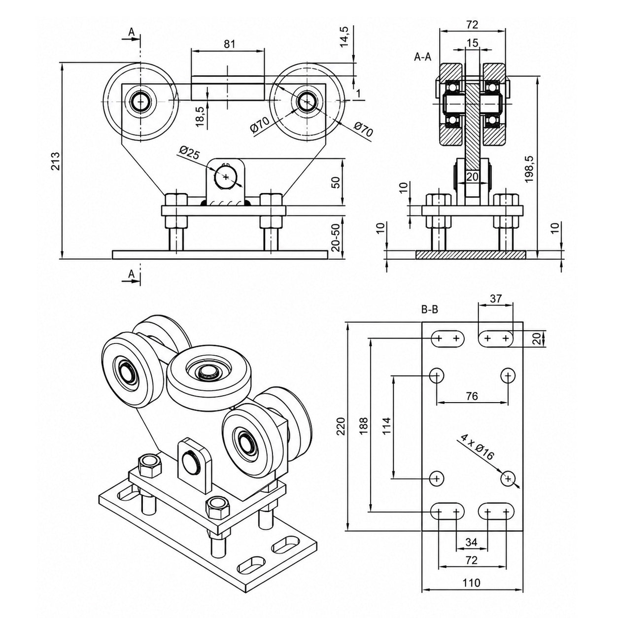 Torwagen für Schiebetore - für Profile 100x90 mm - Wandstärke 4 mm: WR-5MM-100/90