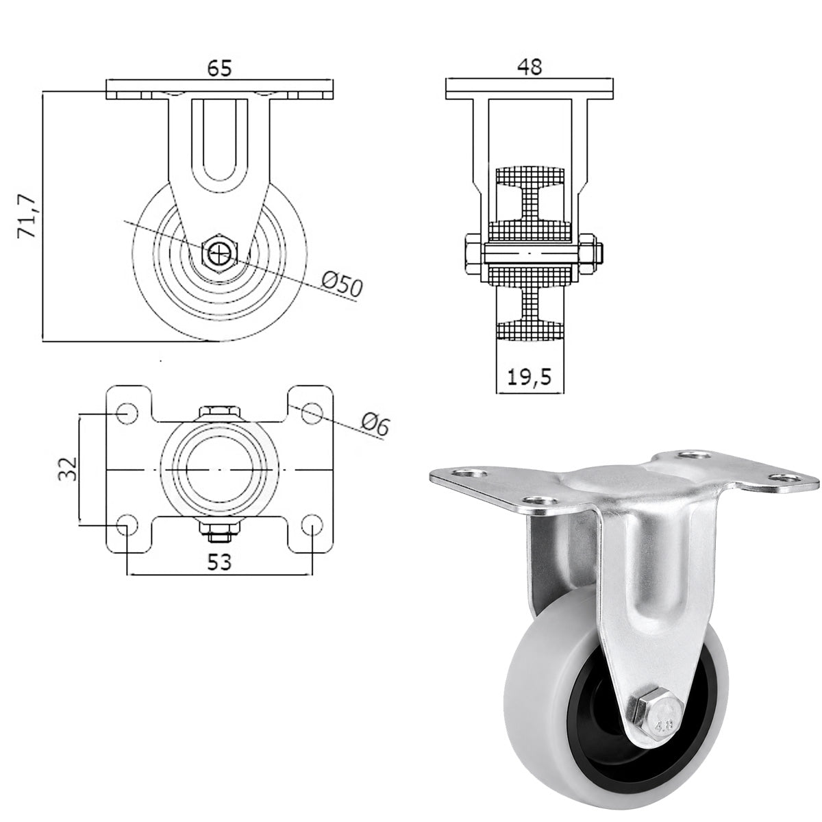 Möbelrolle Ø 50 mm Möbelrad Kunststoff Ersatzrad Transportrolle Apparater M53T
