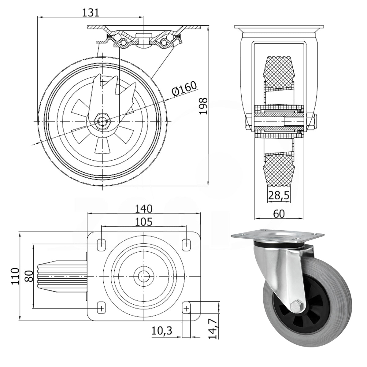 Kunststoff-Gummirrad mit Anschraubplatte Lenkrolle Ø160 mm mit Platte Code: 42TS