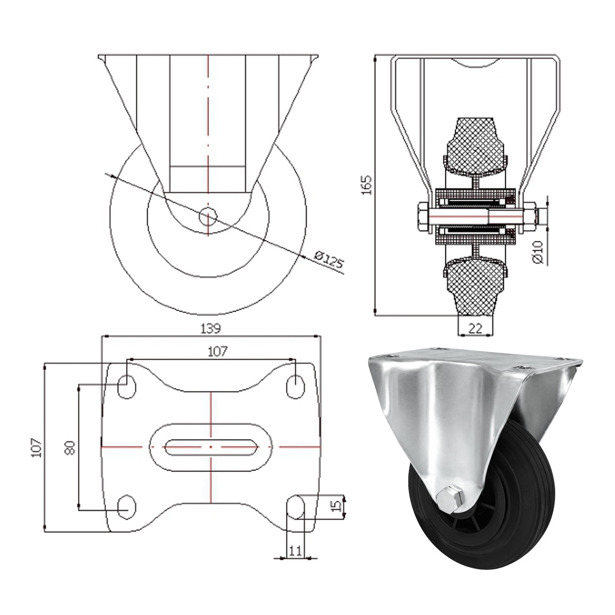 Kunststoff-Gummiräder in Bockrollengehäusen Lenkrolle Ø125 mm mit Platte Code: 23T9