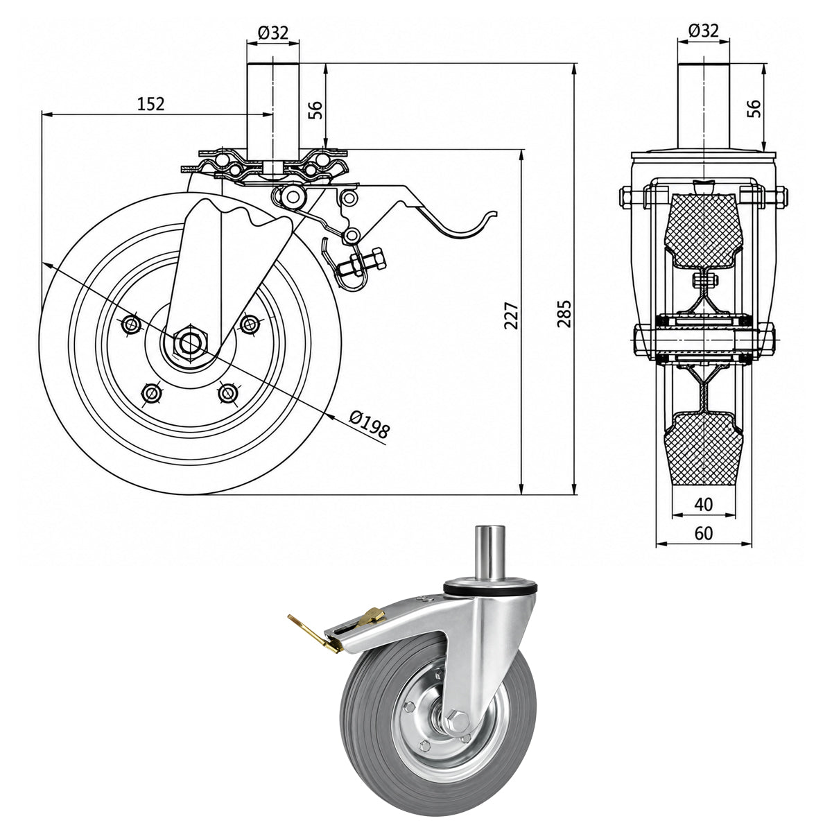 Metall-Gummiräder mit Befestigungsstift und Bremse Lenkrollen  Ø200 mm Code: 66NSH*32