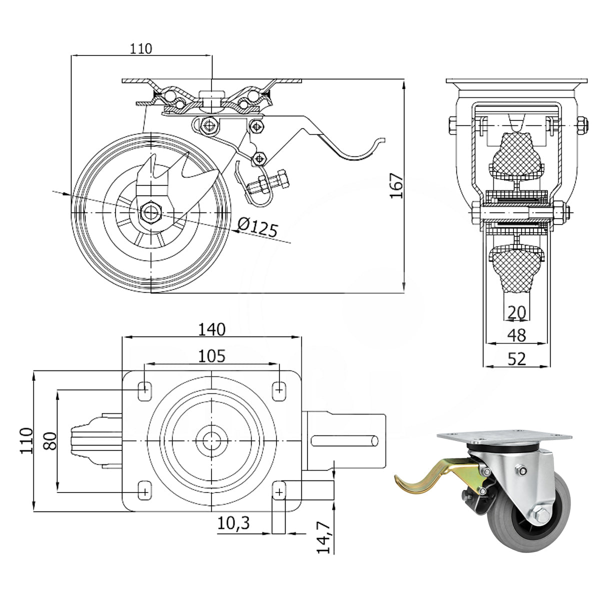 Kunststoff-Gummirrad mit Anschraubplatte und Bremse Lenkrolle Ø125 mm Code: 25TSH