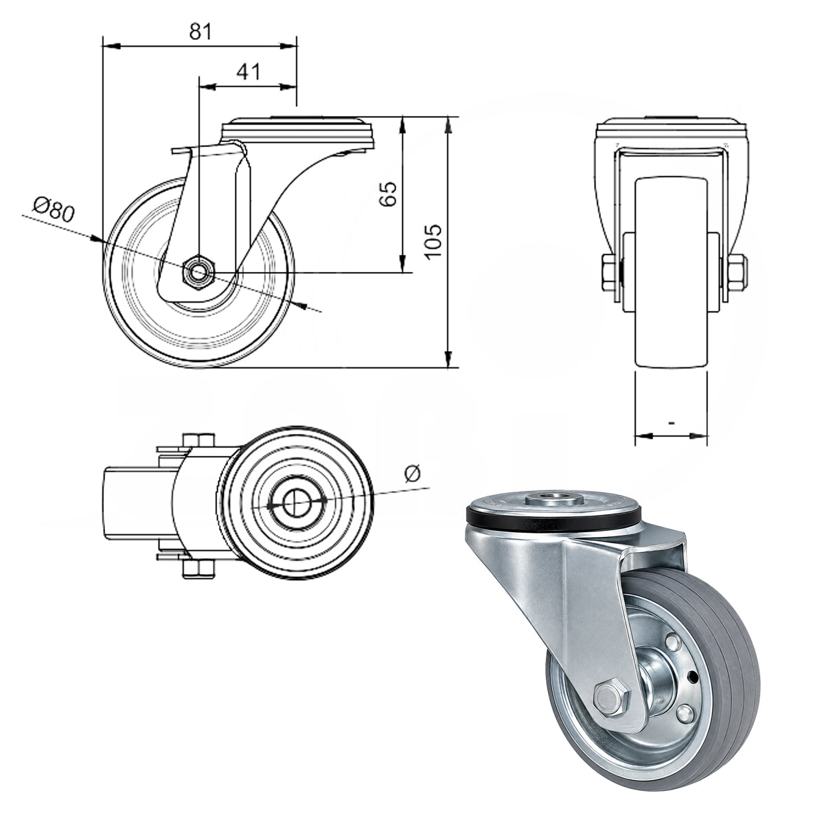 Metall-Gummiräder mit Befestigungsstift mit Zentralbohrung  Ø80 mm Code: 8S